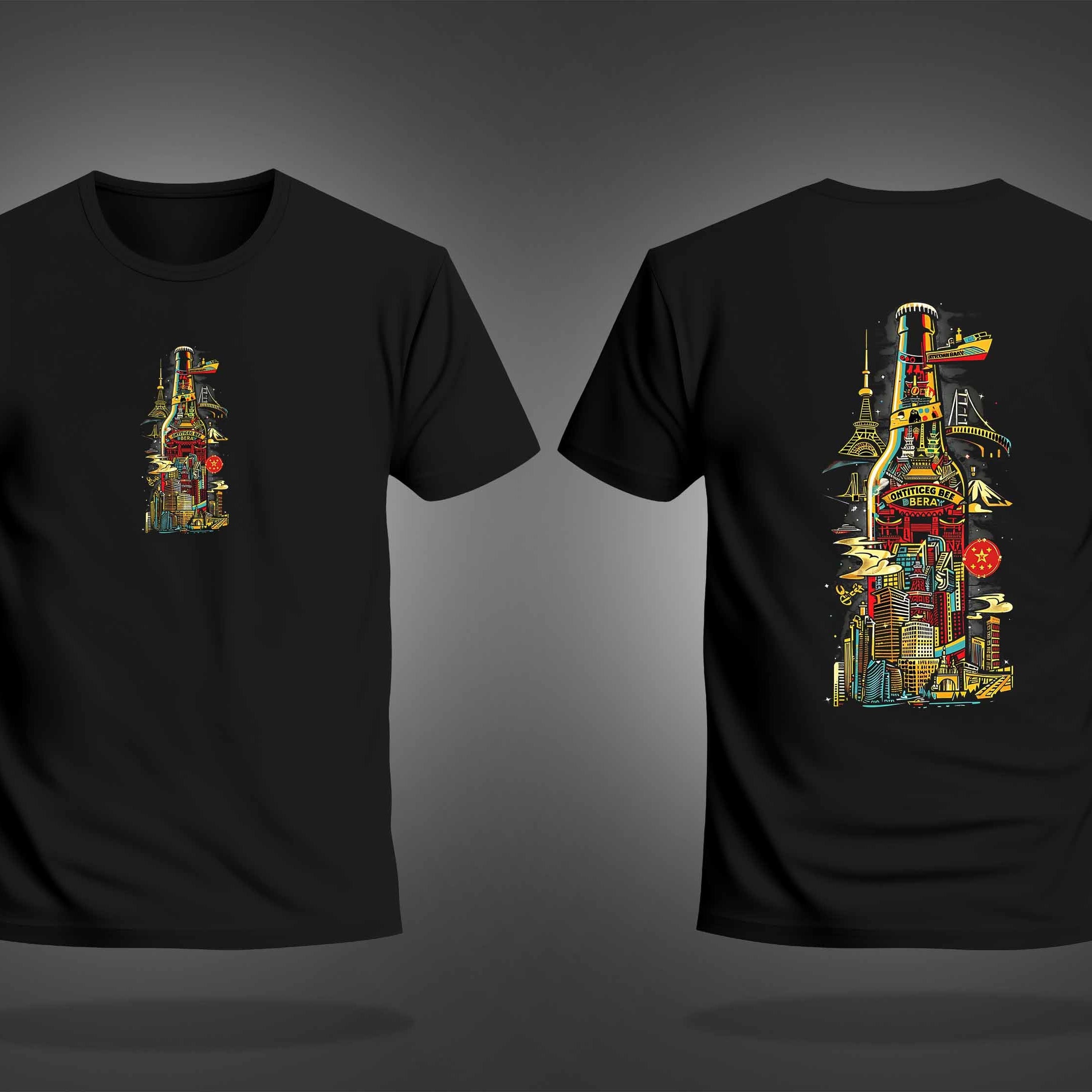 Black Half Sleeve Round Neck Buildings In Bottle Printed Regular T-Shirt