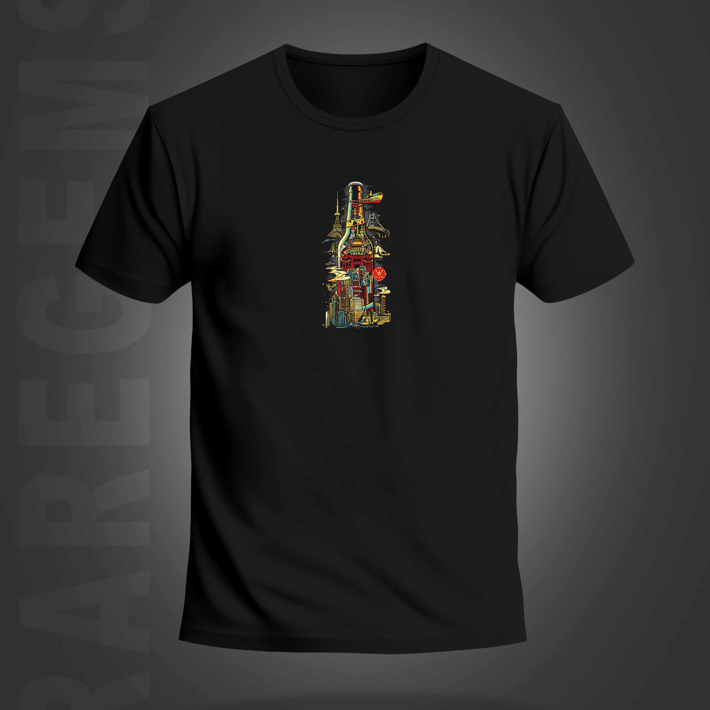 Black Half Sleeve Round Neck Buildings In Bottle Printed Regular T-Shirt