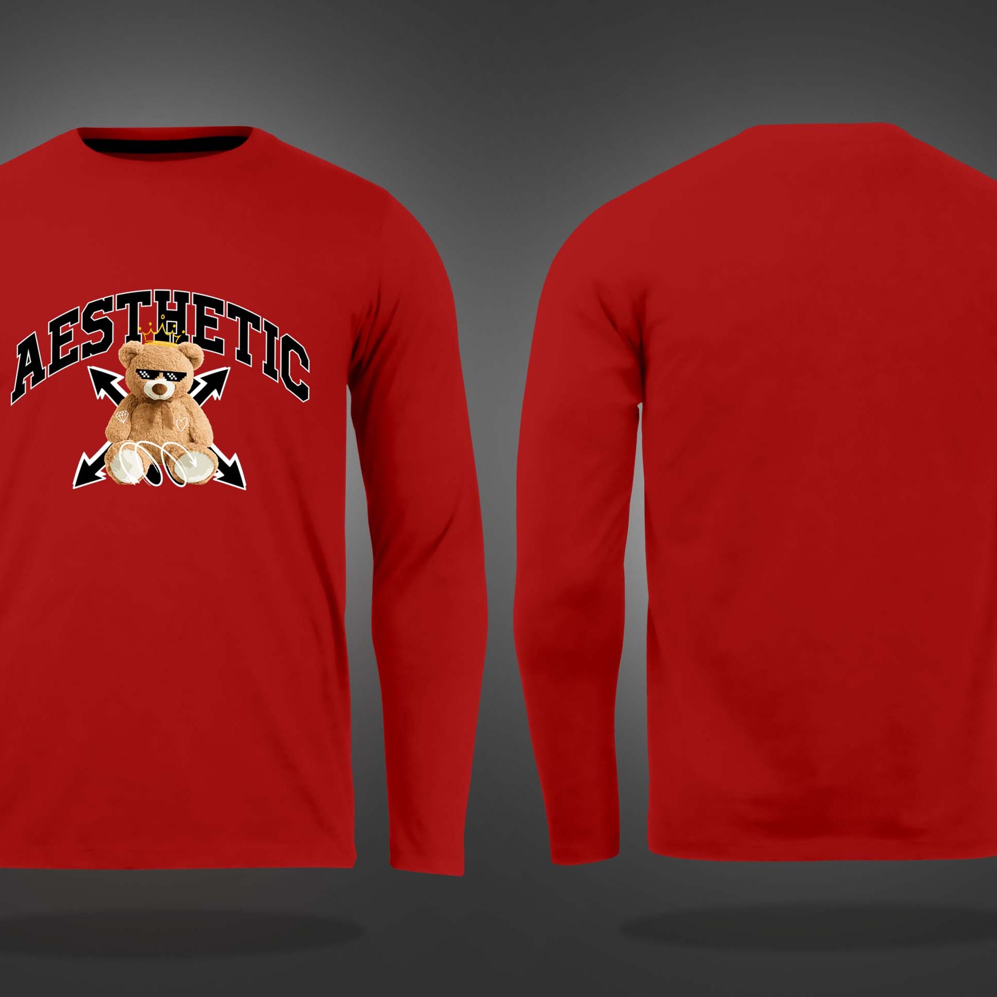 Red Round Neck Aesthetic Cool Teddy Printed Full Sleeves T-Shirt