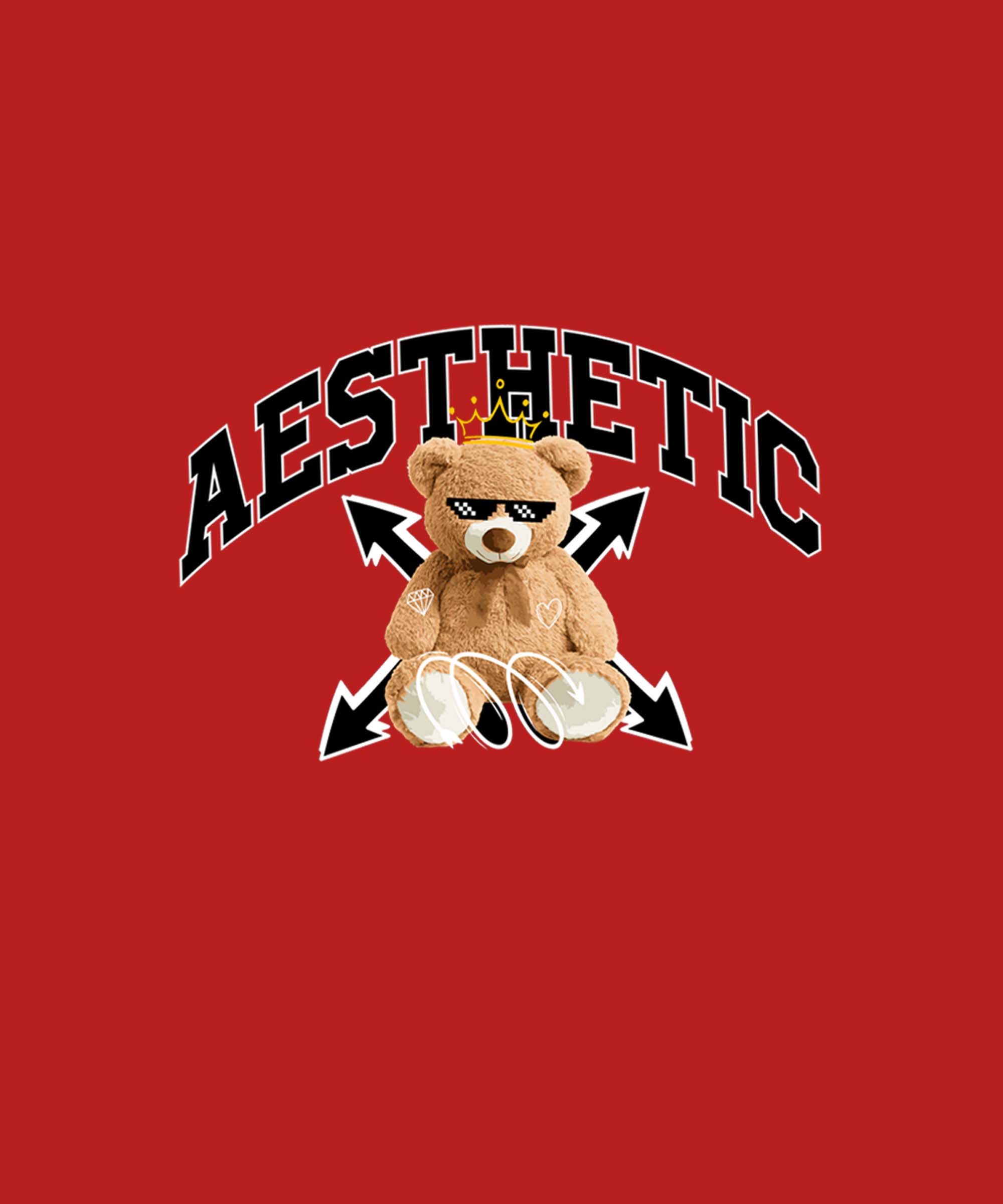 Red Half Sleeve Round Neck Aesthetic Cool Teddy Printed Oversized T-Shirt