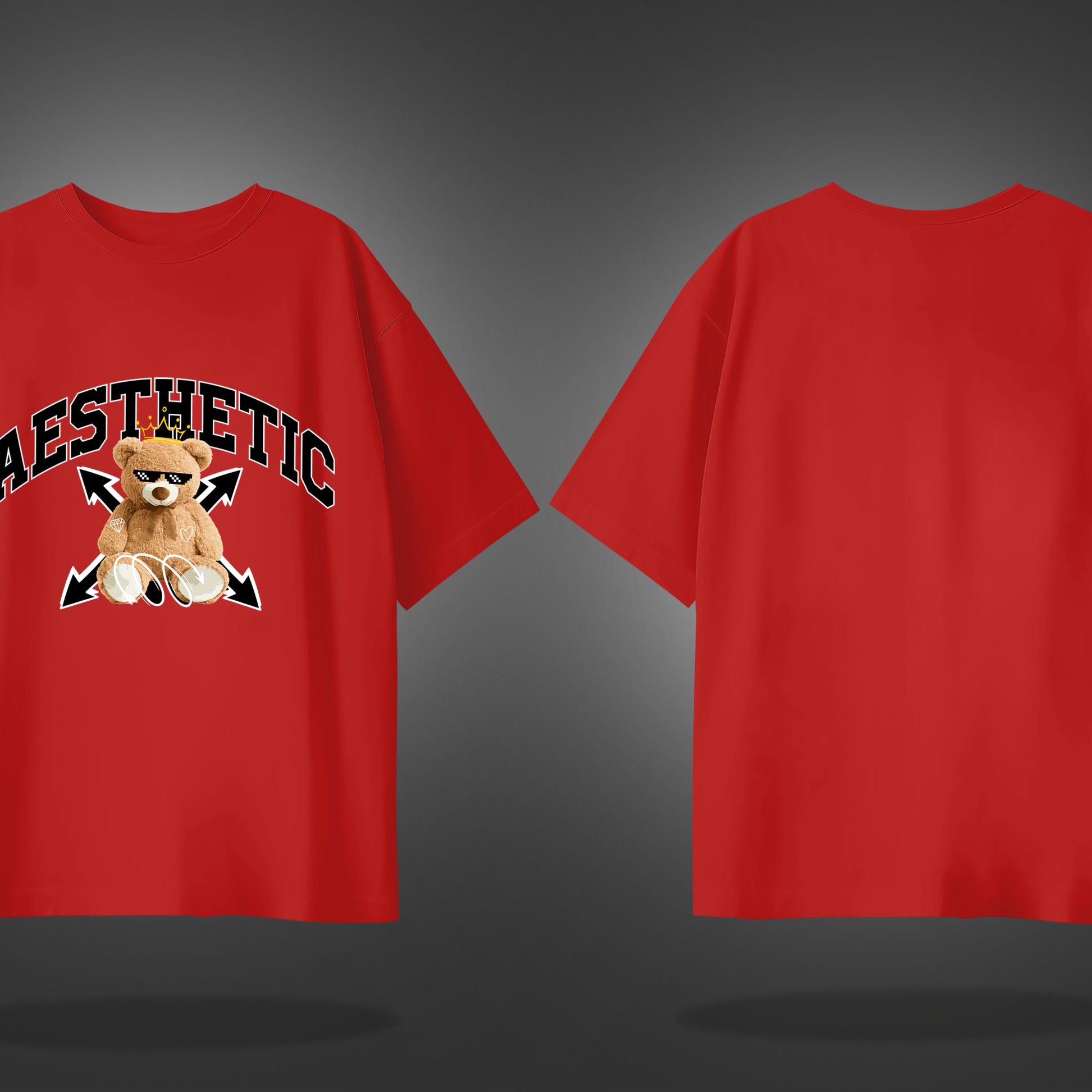 Red Half Sleeve Round Neck Aesthetic Cool Teddy Printed Oversized T-Shirt