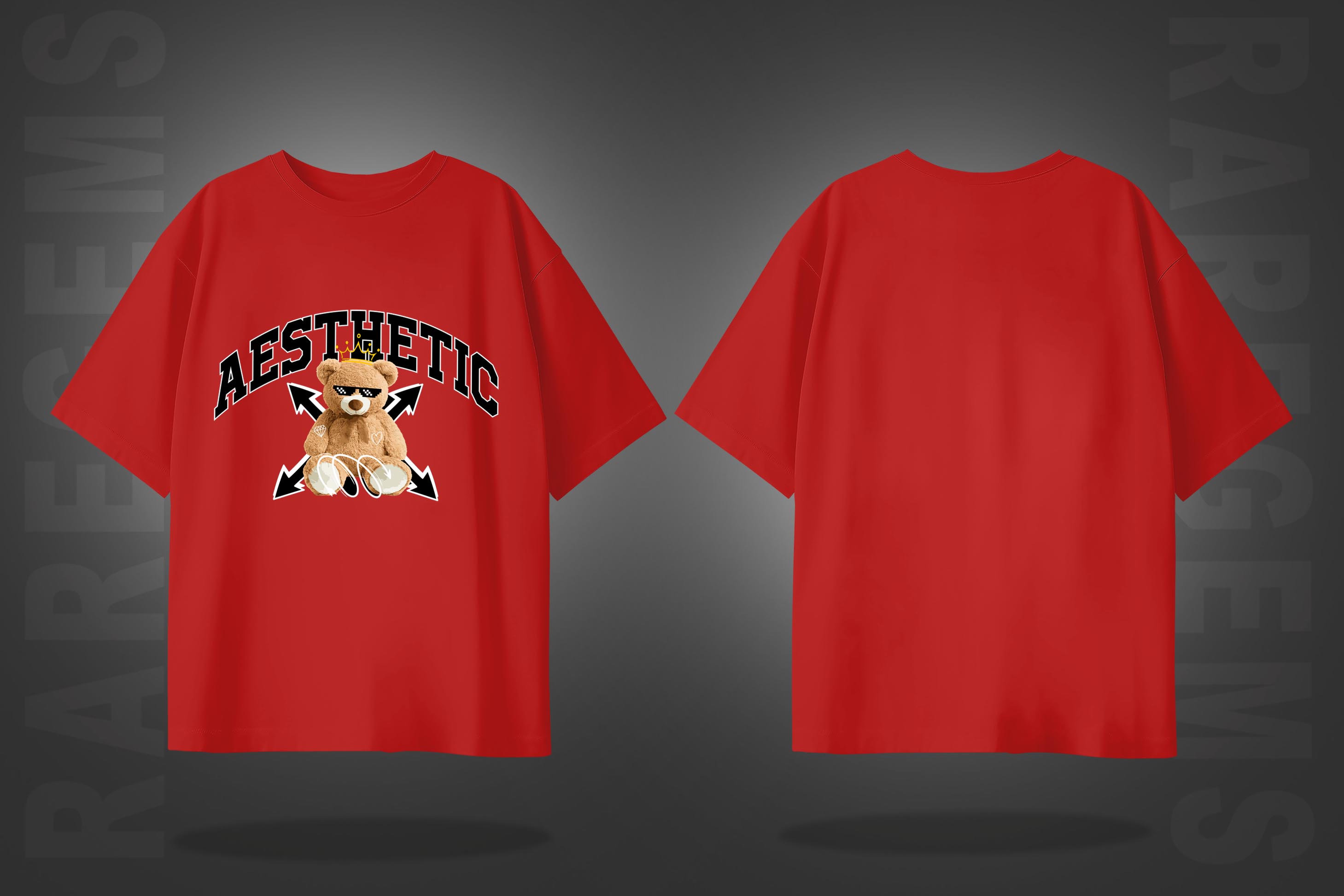 Red Half Sleeve Round Neck Aesthetic Cool Teddy Printed Oversized T-Shirt