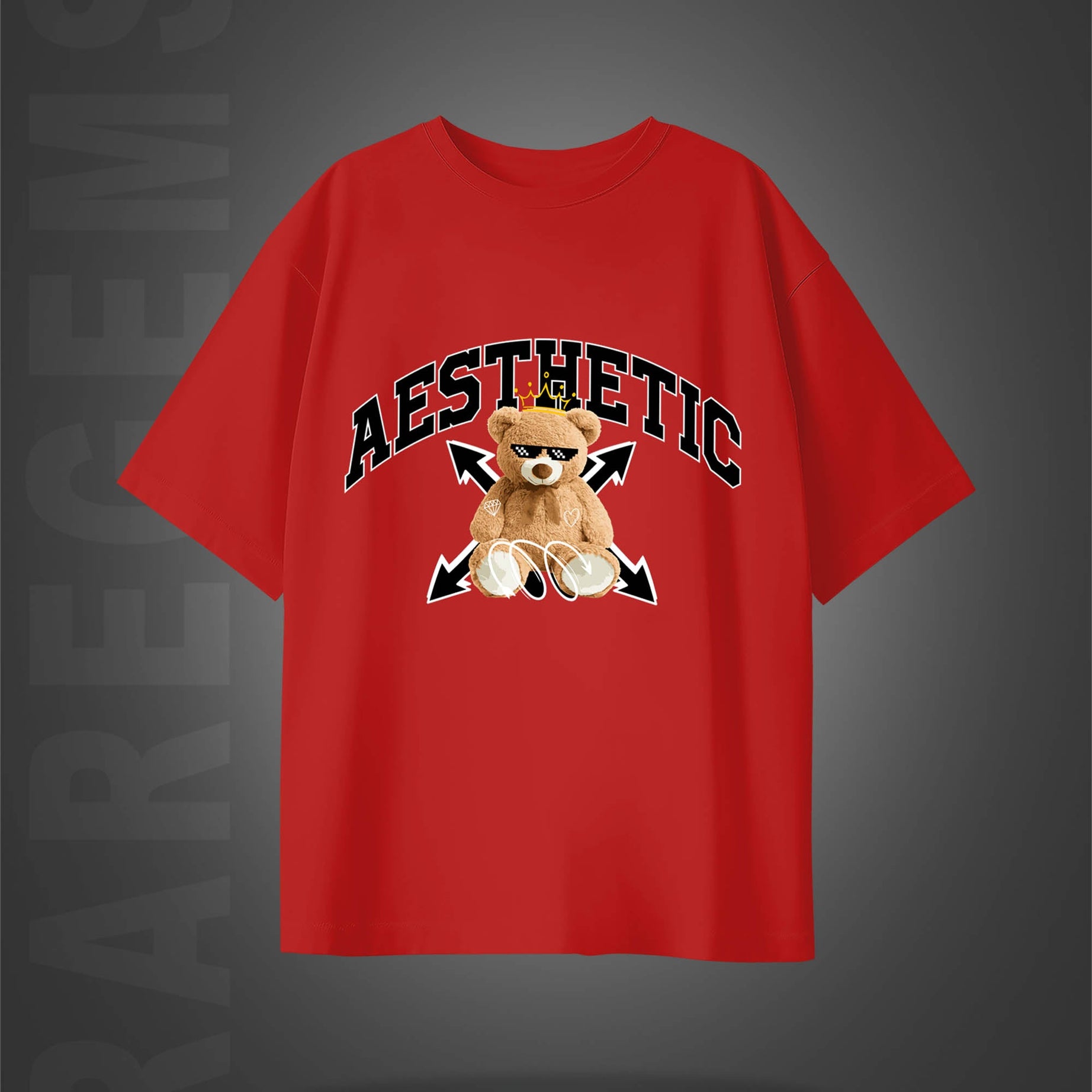 Red Half Sleeve Round Neck Aesthetic Cool Teddy Printed Oversized T-Shirt