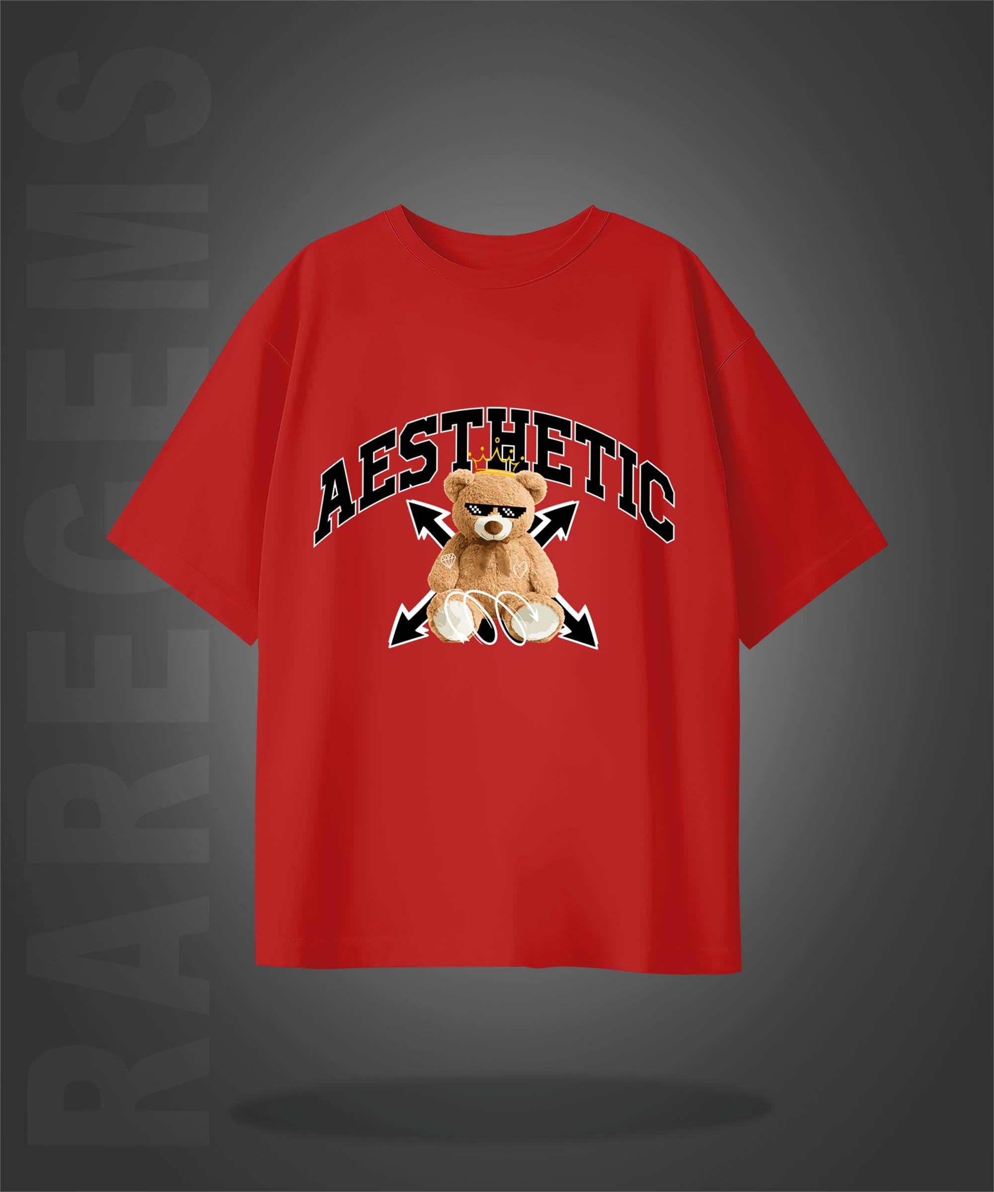 Red Half Sleeve Round Neck Aesthetic Cool Teddy Printed Oversized T-Shirt