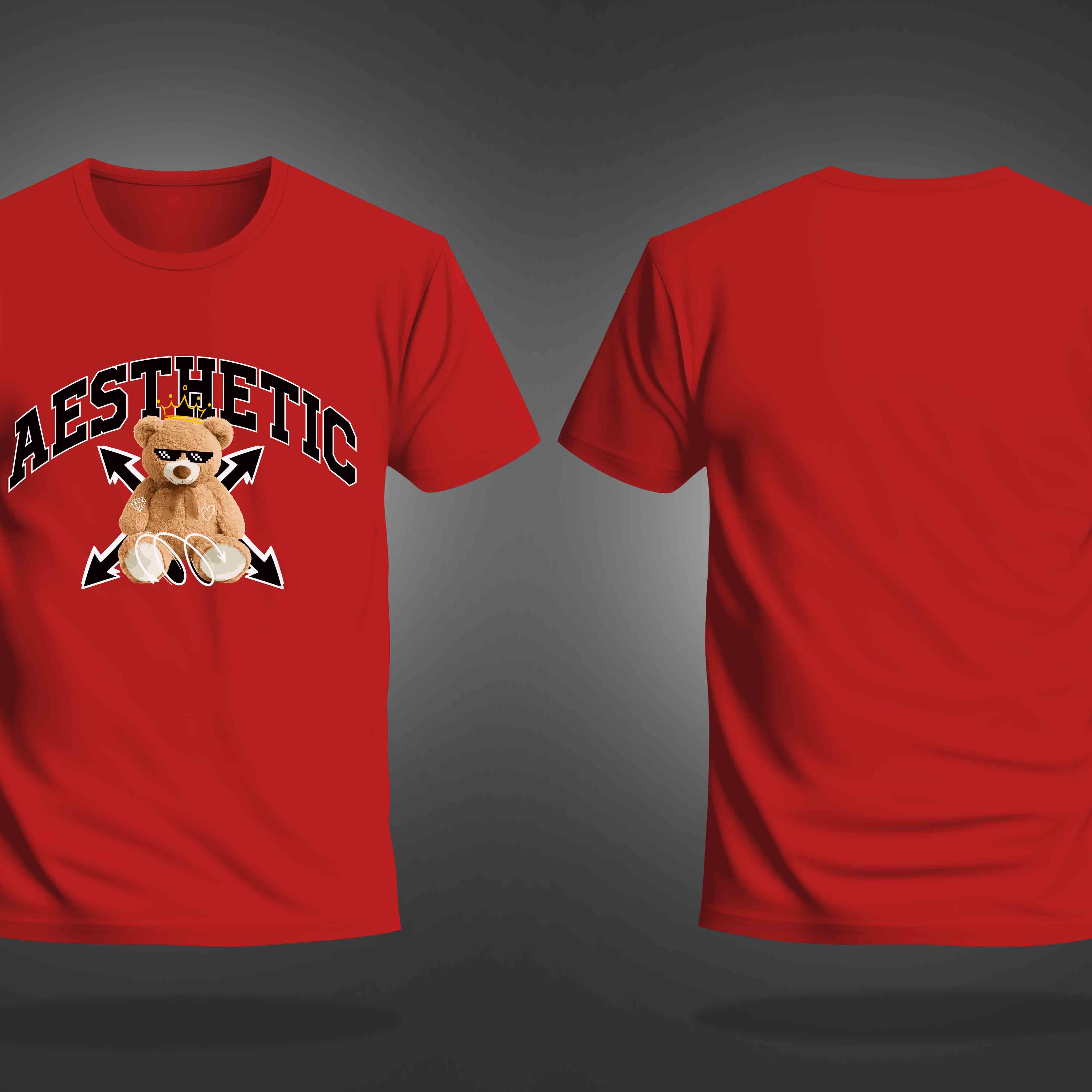 Red Half Sleeves Round Neck Aesthetic Cool Teddy Printed Regular T-Shirt