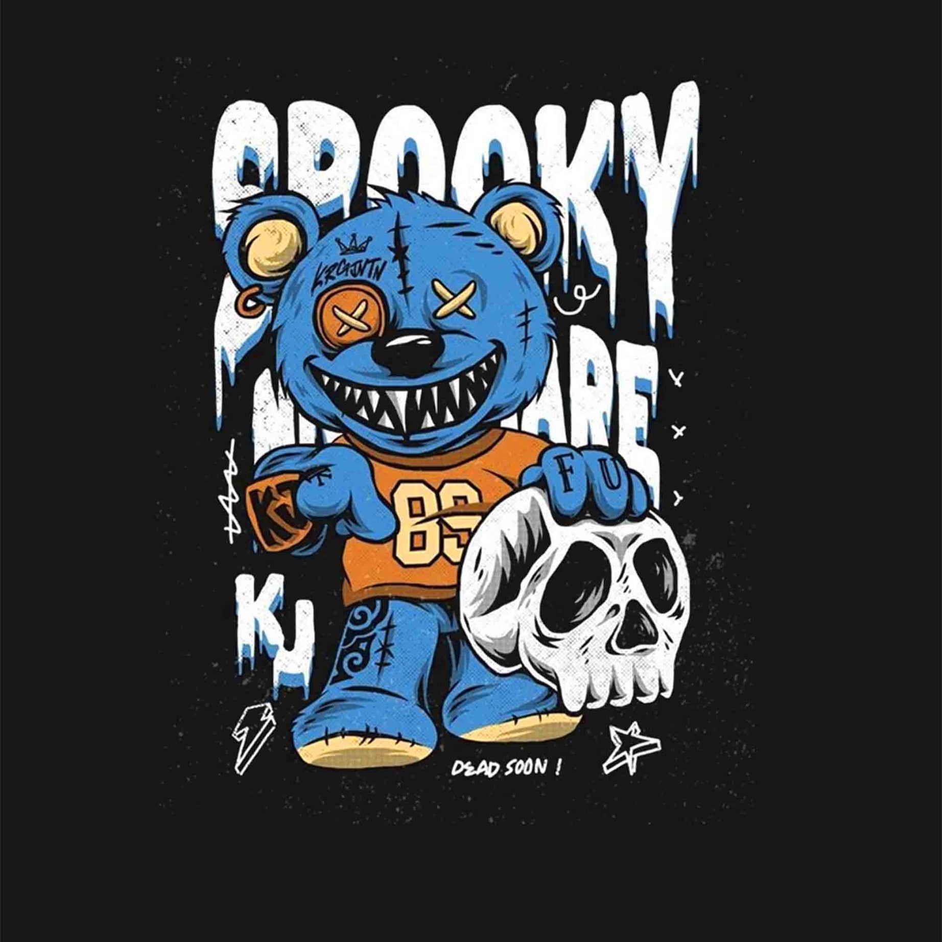 Black  Half Sleeve Spooky Teddy Printed Oversized T-Shirt