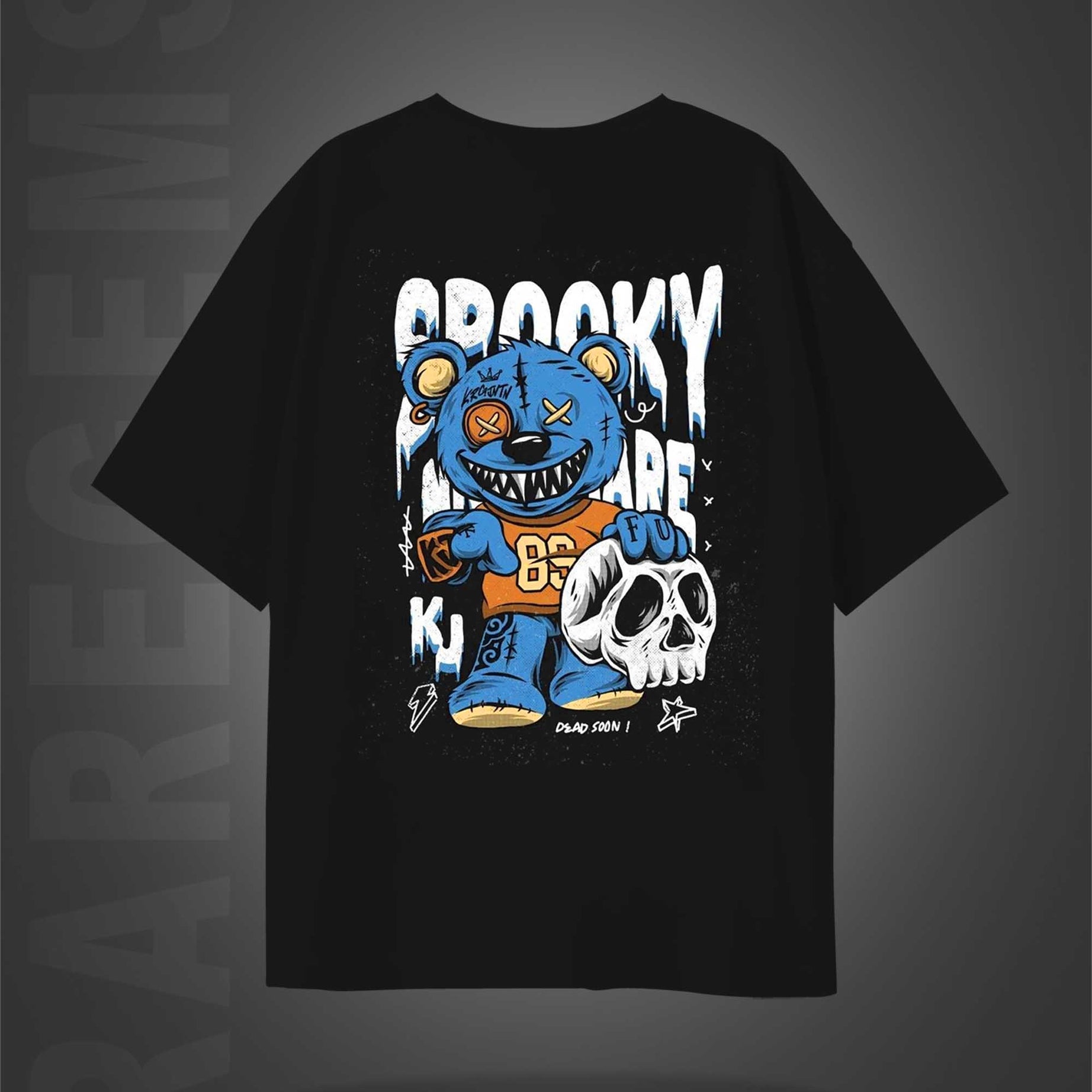 Black  Half Sleeve Spooky Teddy Printed Oversized T-Shirt