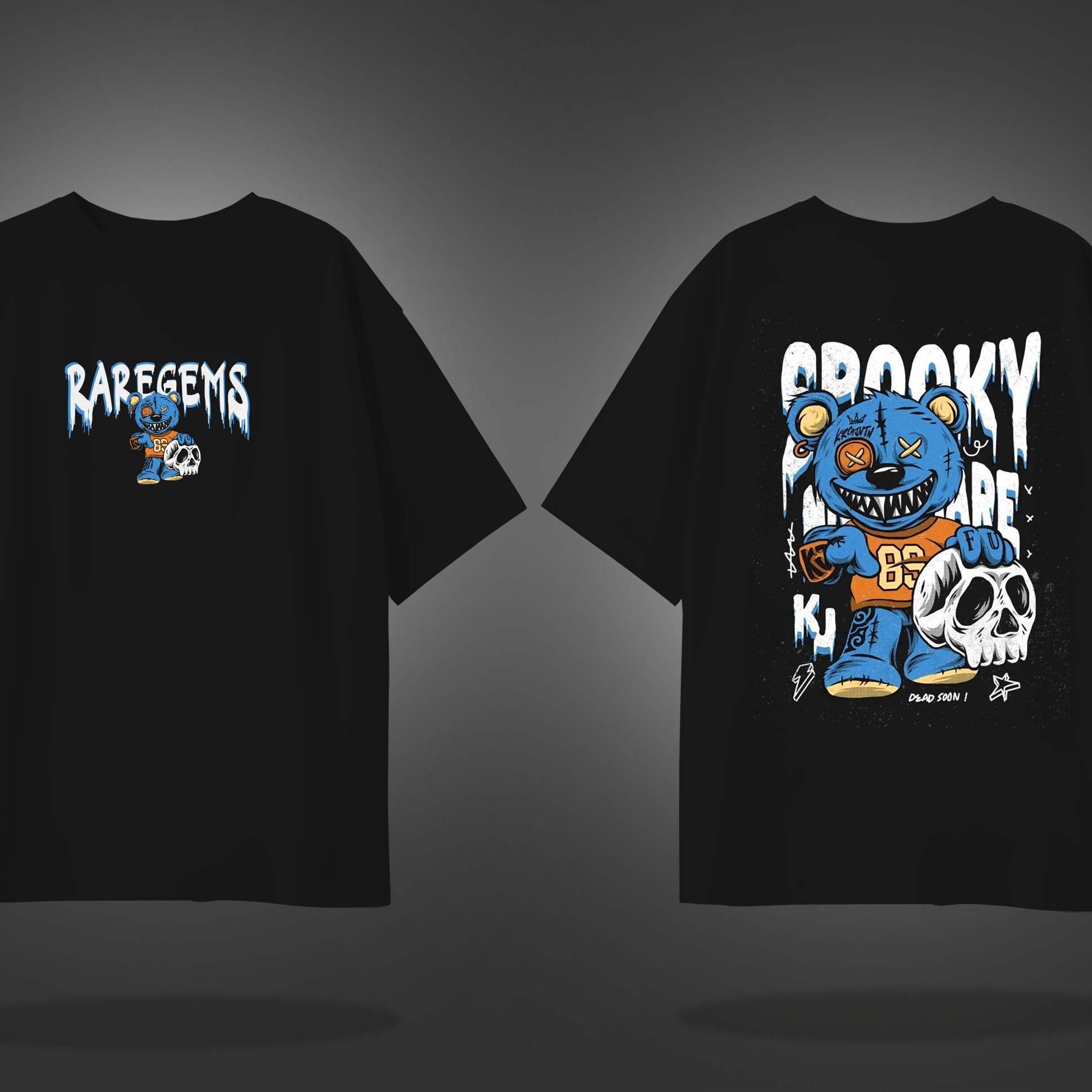 Black  Half Sleeve Spooky Teddy Printed Oversized T-Shirt