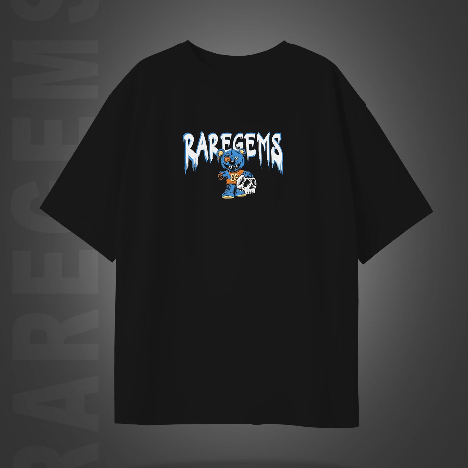 Black  Half Sleeve Spooky Teddy Printed Oversized T-Shirt