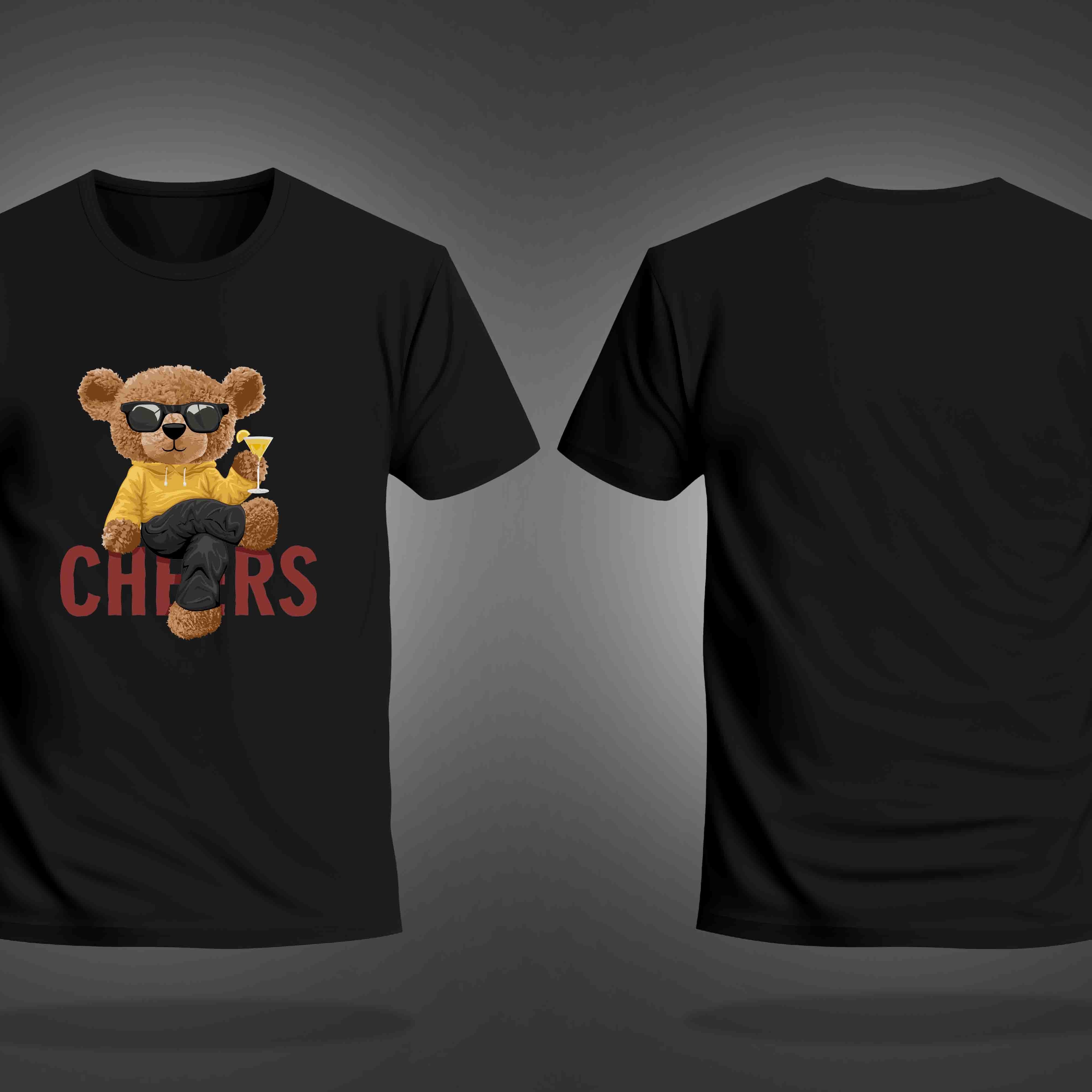 Black Round Neck Half Sleeves Cheering Teddy Printed Regular T-Shirt