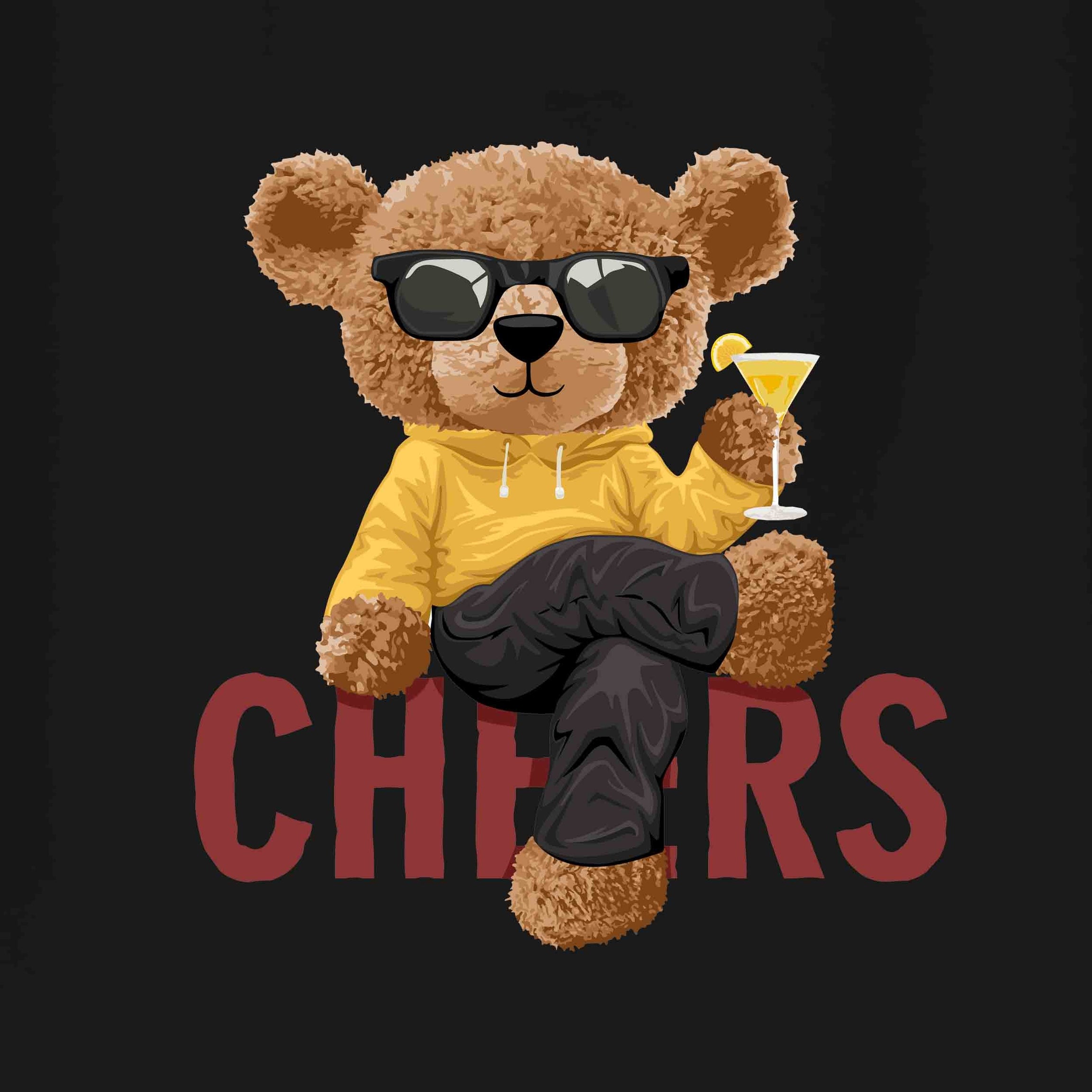 Black Round Neck Half Sleeves Cheering Teddy Printed Regular T-Shirt