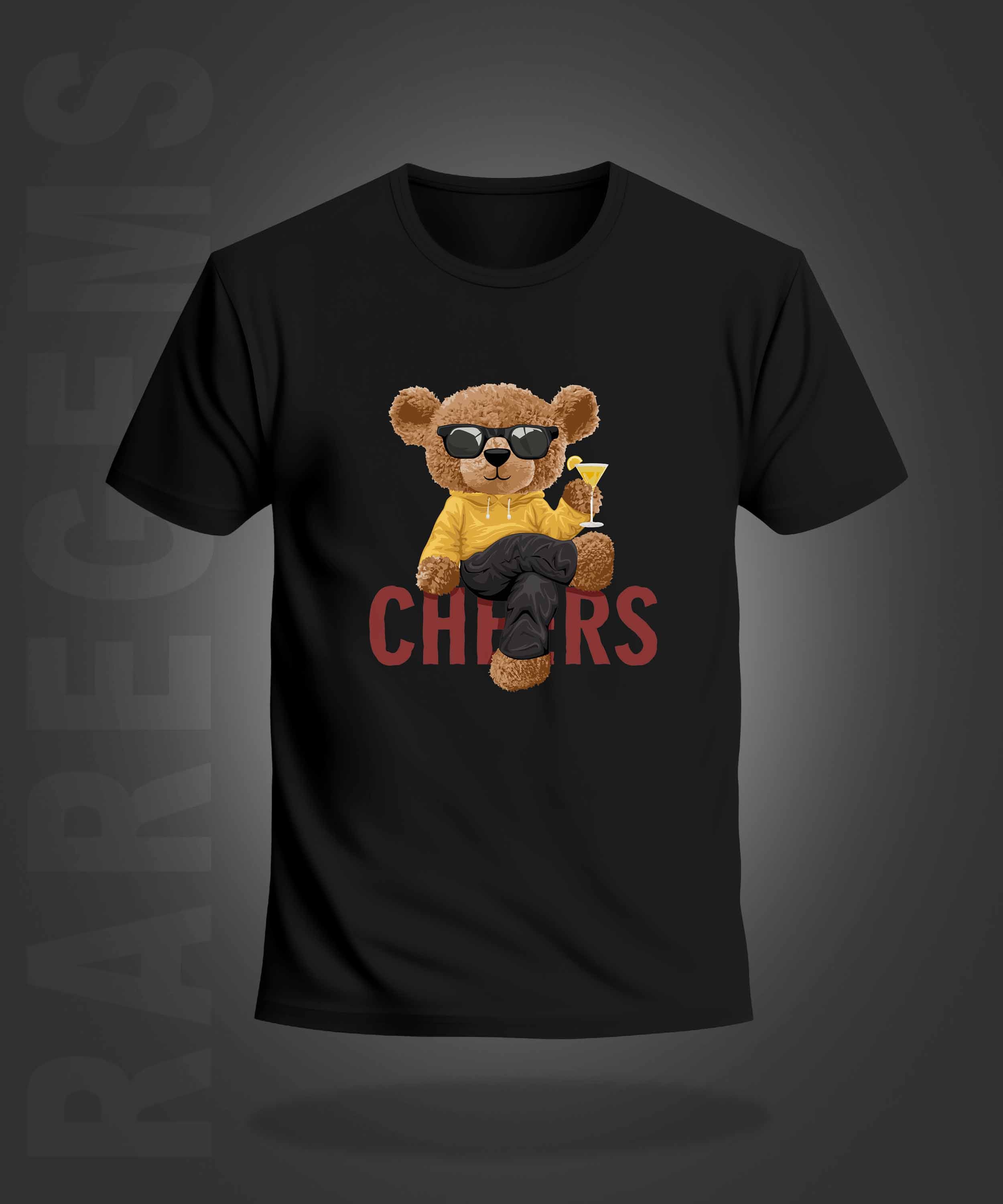 Black Round Neck Half Sleeves Cheering Teddy Printed Regular T-Shirt
