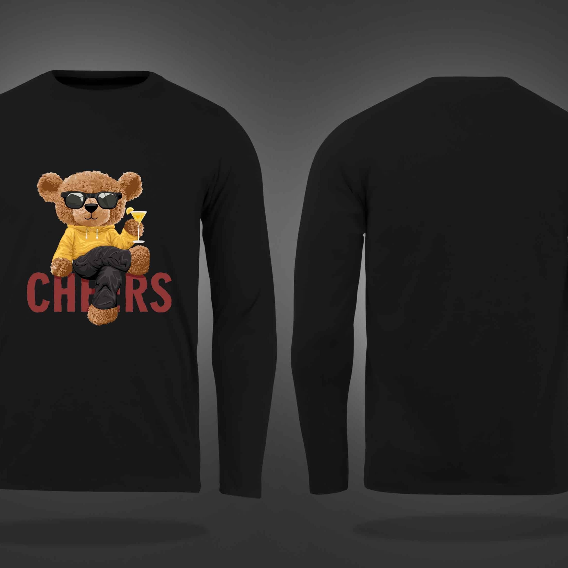 Black Round Neck Cheering Teddy Printed Full Sleeves T-Shirt