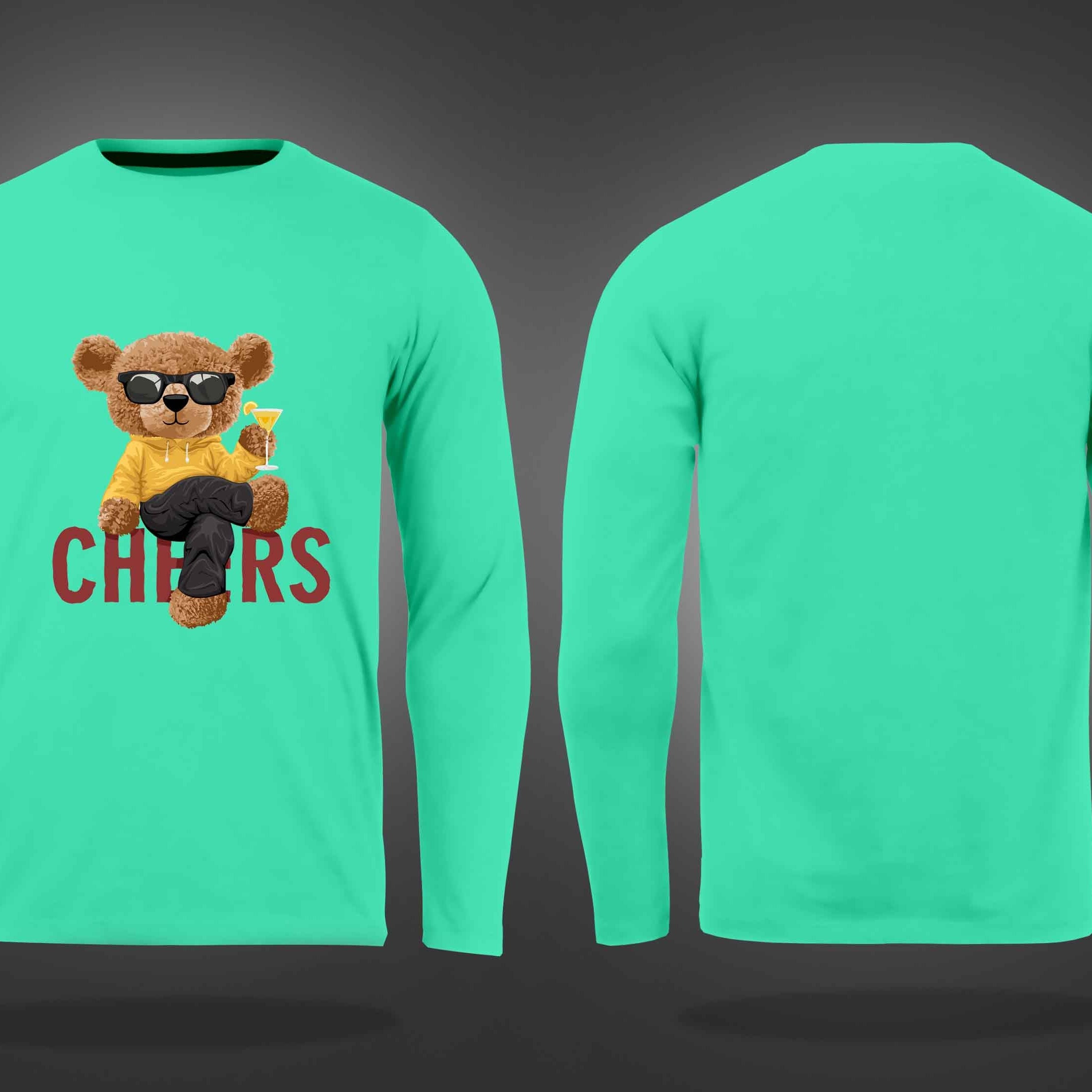 Mint Green Round Neck Cheering Teddy Printed Full Sleeves T-Shirt
