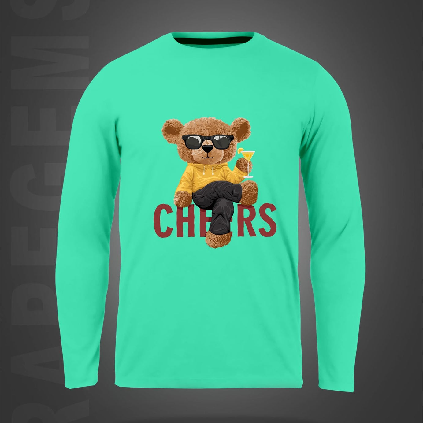 Mint Green Round Neck Cheering Teddy Printed Full Sleeves T-Shirt