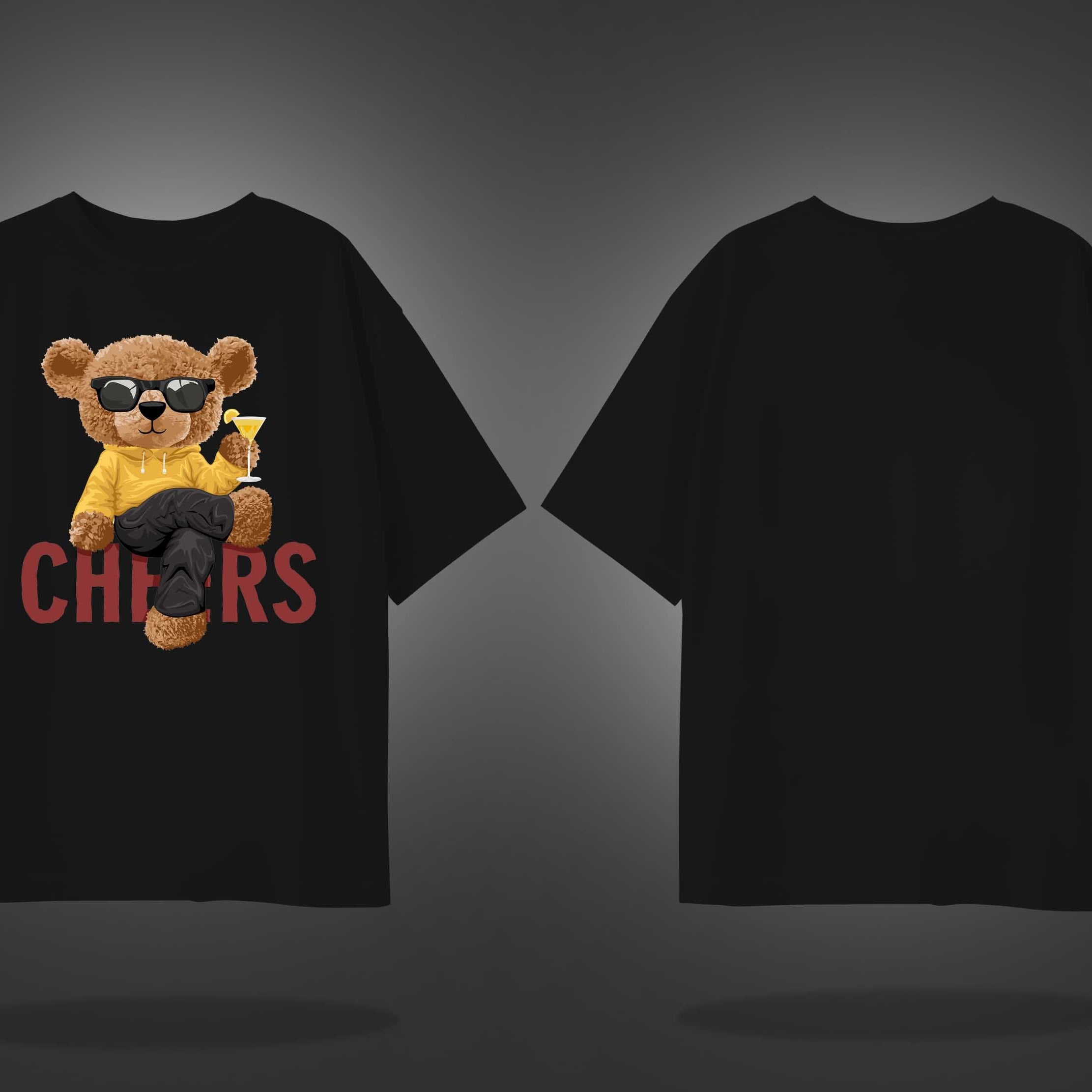 Black Half Sleeve Cheering Teddy Printed Oversized T-Shirt