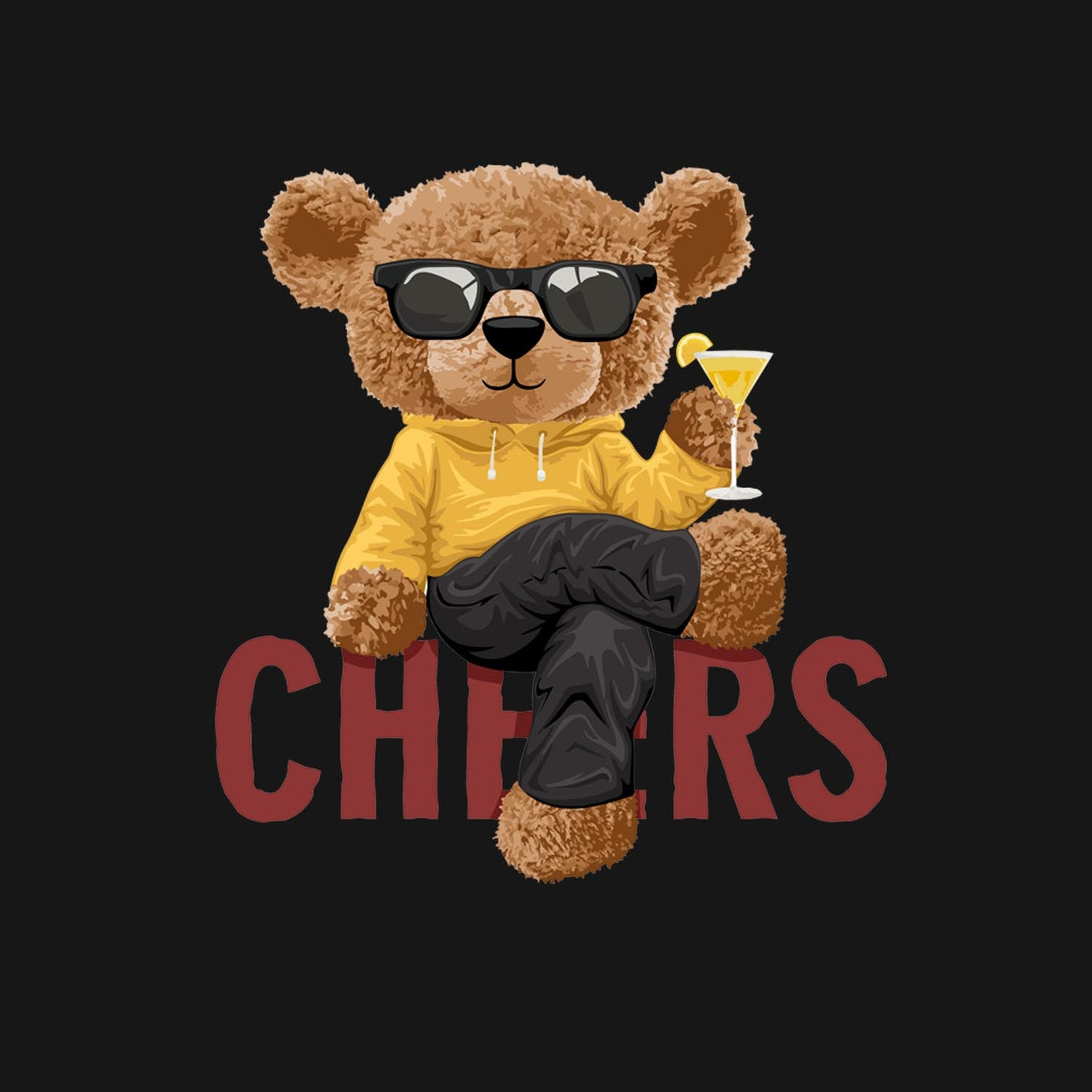 Black Round Neck Cheering Teddy Printed Full Sleeves T-Shirt