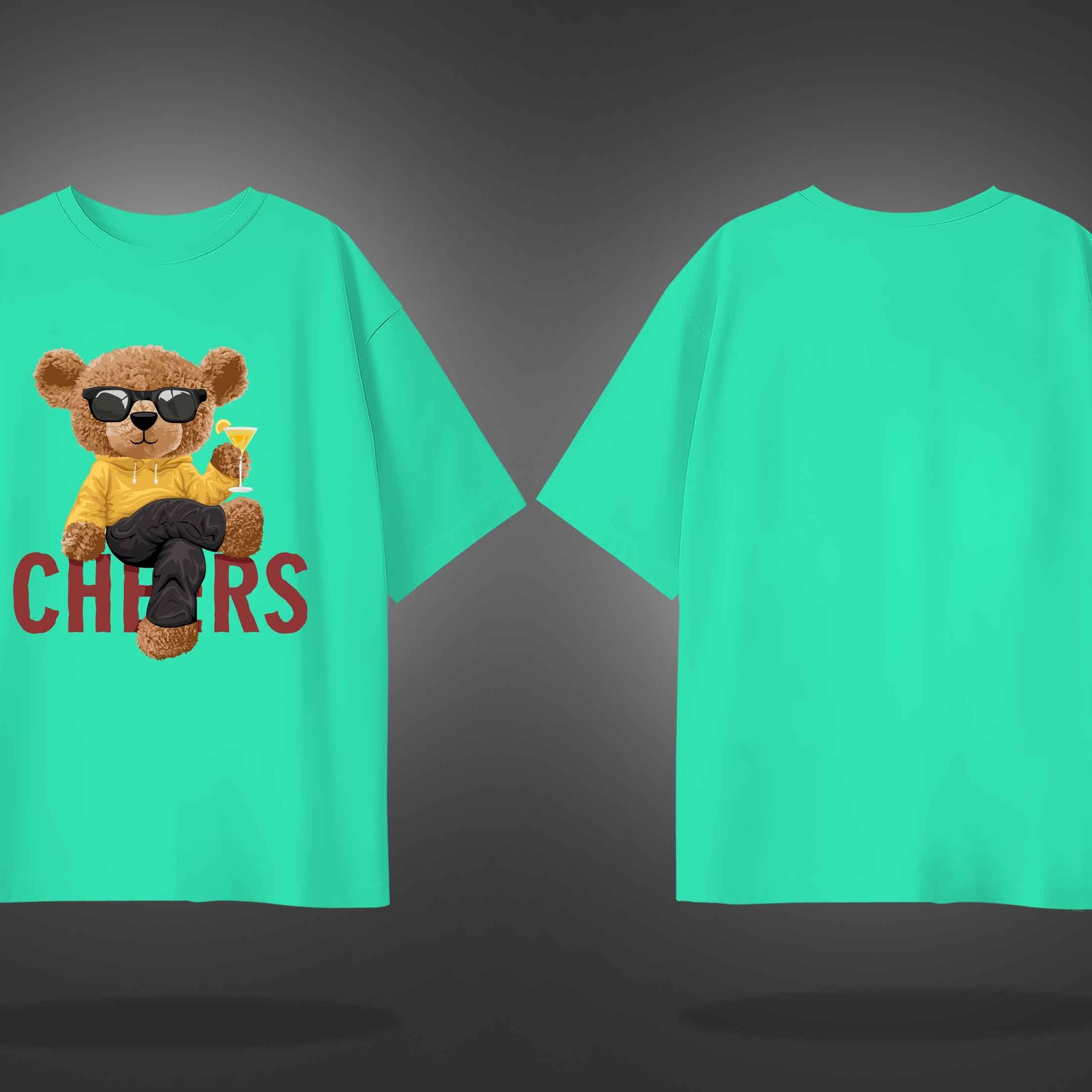 Mint Green Half Sleeve Cheering Teddy Printed Oversized T-Shirt