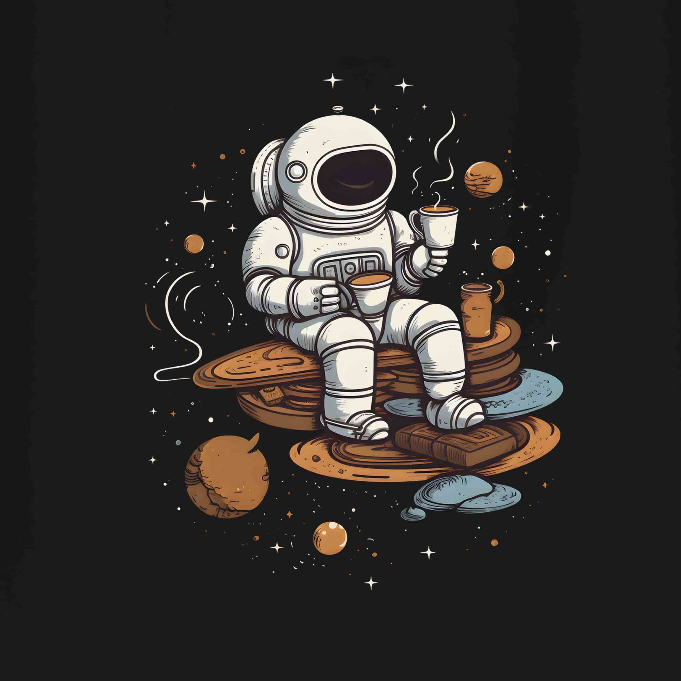 Black Half Sleeve Round Neck Astronaut Sipping Tea Printed Regular T-Shirt