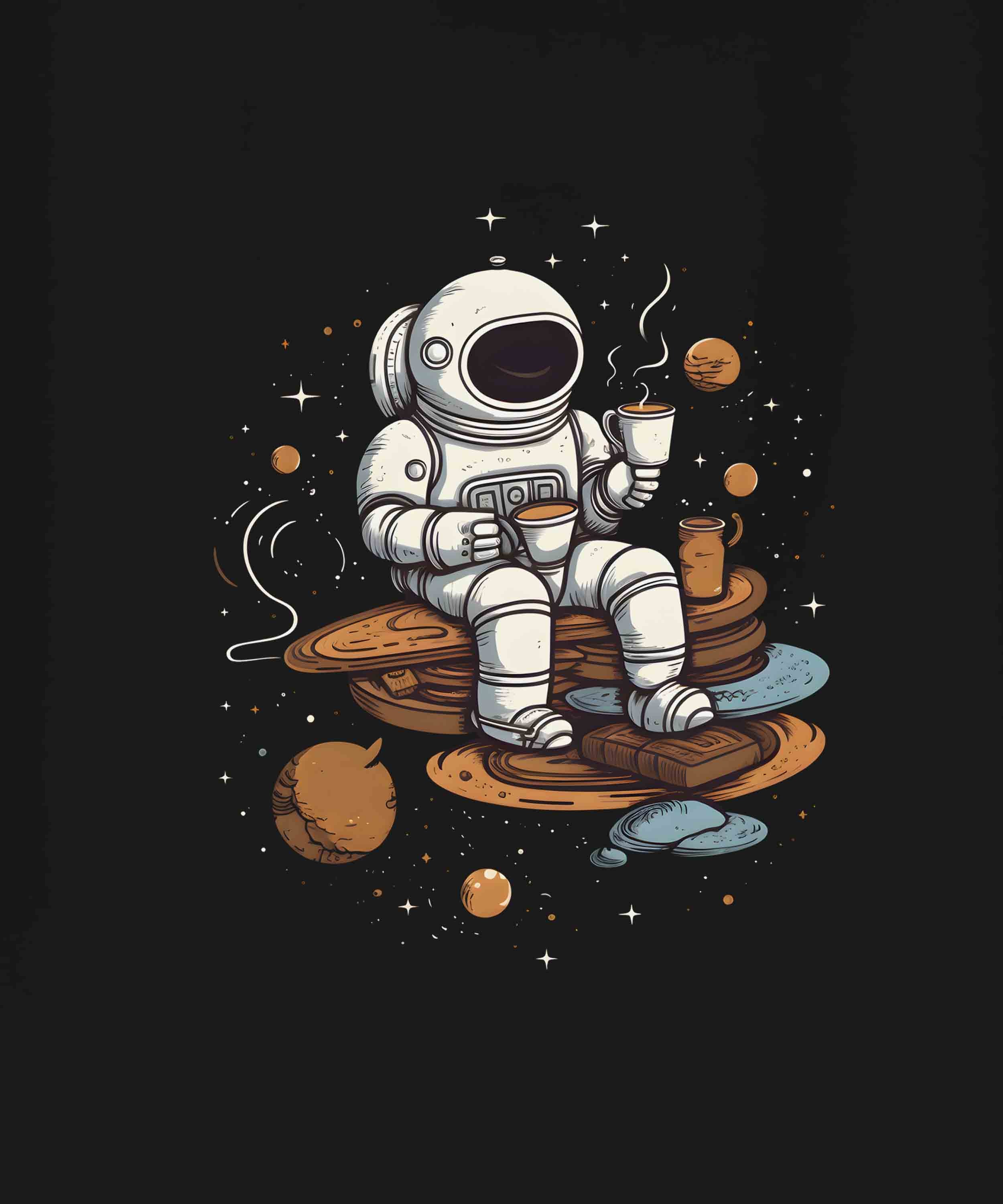 Black Half Sleeve Round Neck Astronaut Sipping Tea Printed Regular T-Shirt