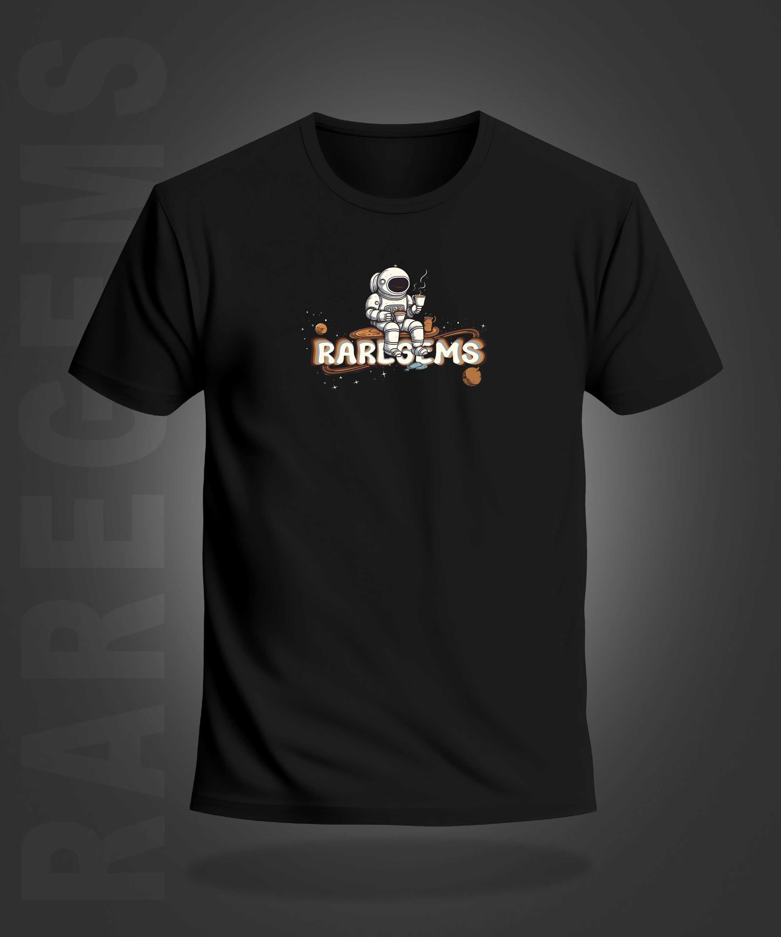 Black Half Sleeve Round Neck Astronaut Sipping Tea Printed Regular T-Shirt