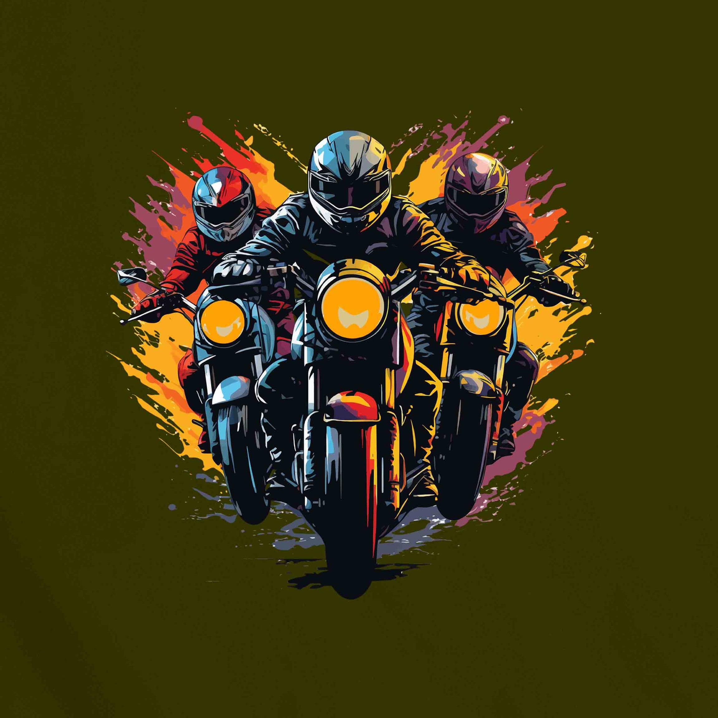 Olive Green Half Sleeves Round Neck Three Bikers Printed Regular T-Shirt