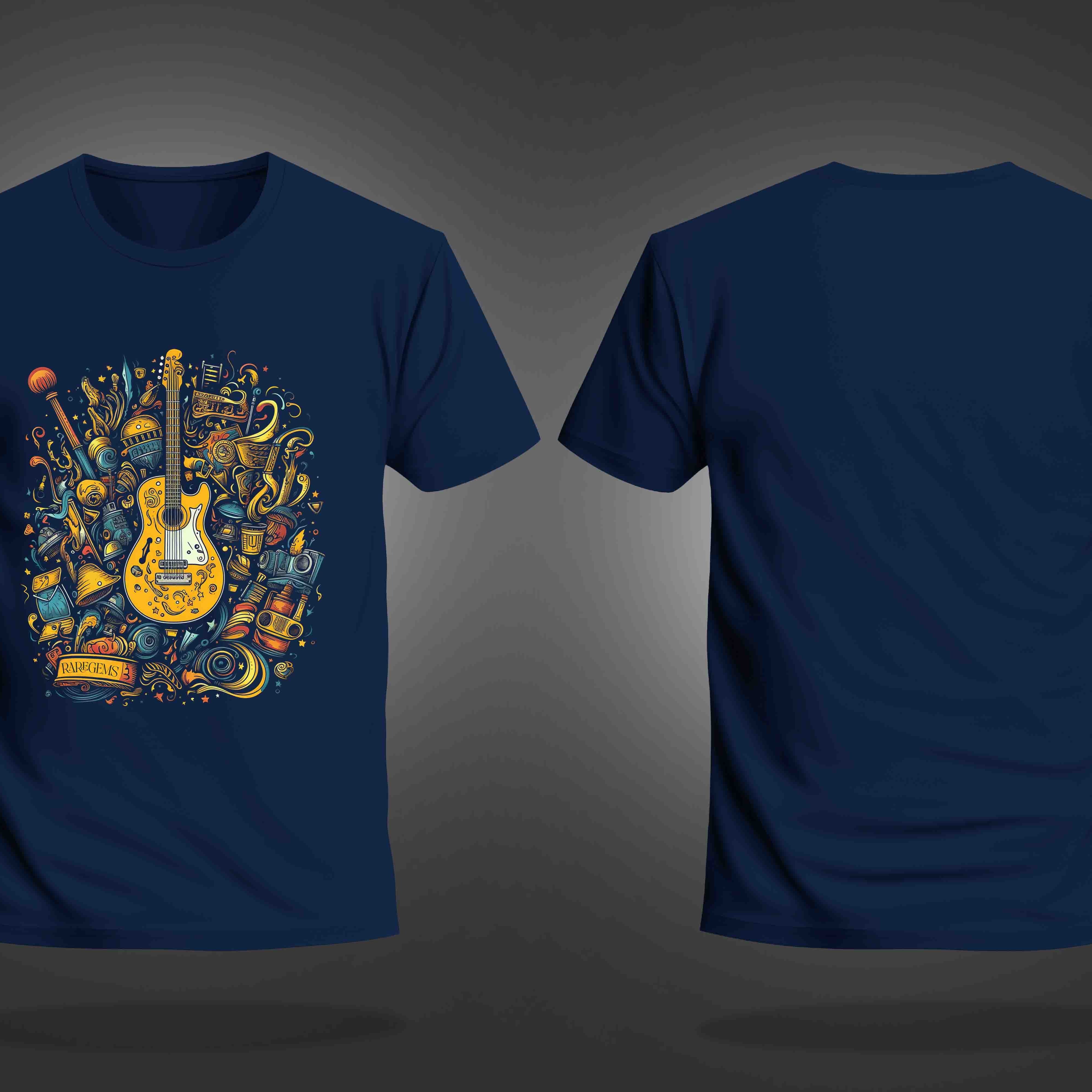 Navy Blue Round Neck Half Sleeve Guitar With Beautiful Elements Printed Regular T-Shirt