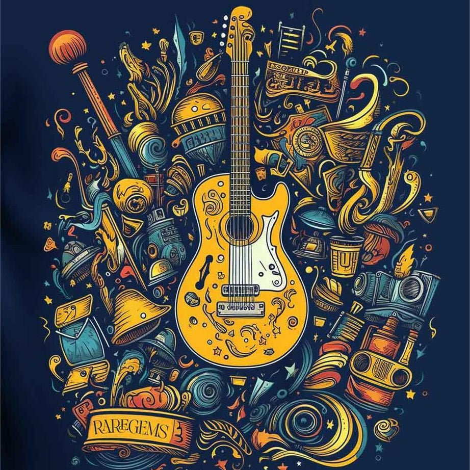 Navy Blue Round Neck Half Sleeve Guitar With Beautiful Elements Printed Regular T-Shirt