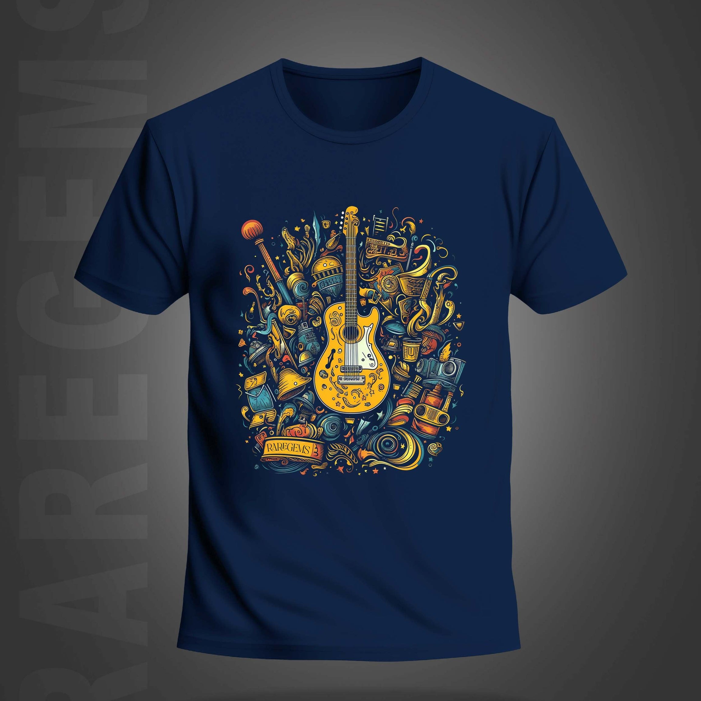 Navy Blue Round Neck Half Sleeve Guitar With Beautiful Elements Printed Regular T-Shirt