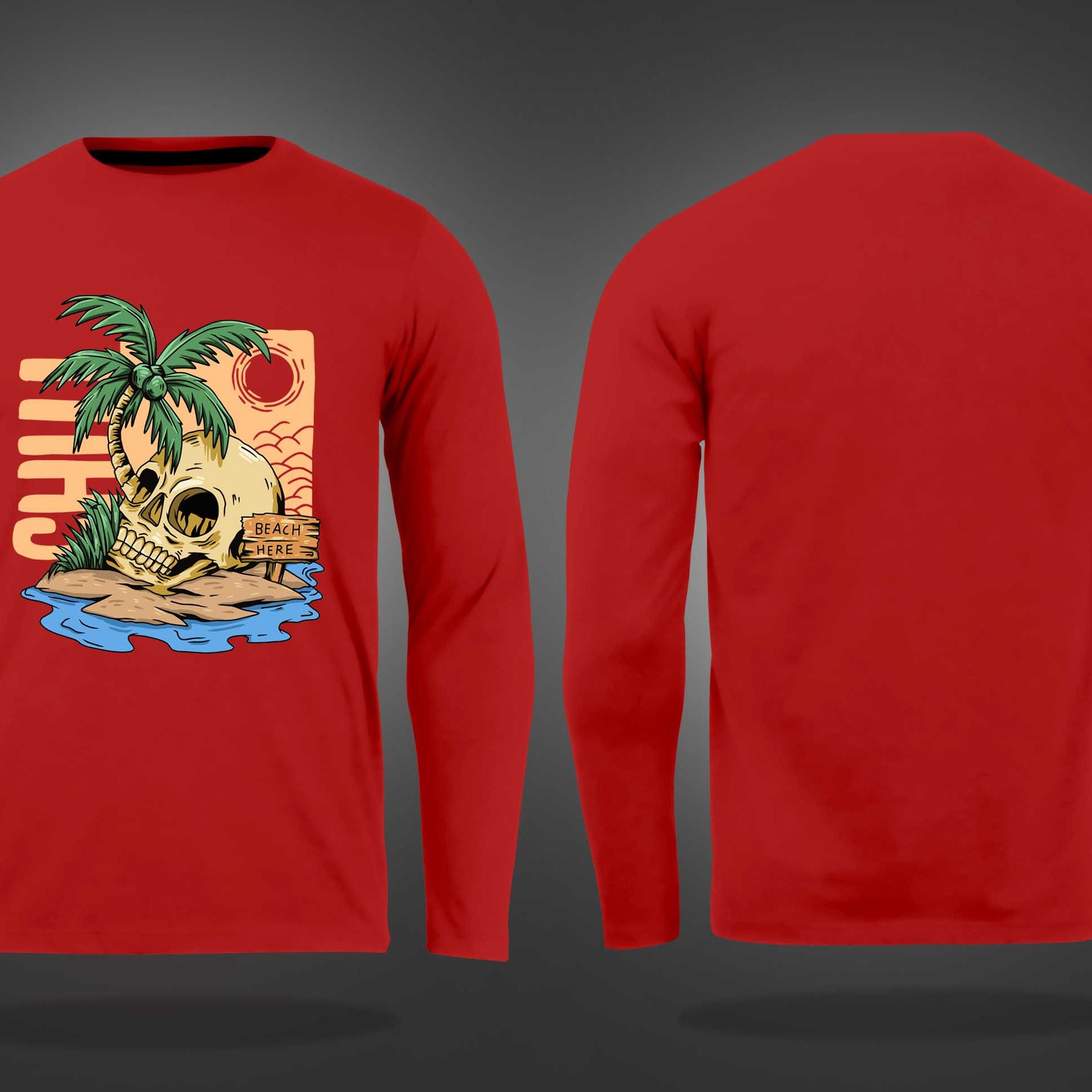Red Round Neck Skull And Palm Tree Printed Full Sleeves T-Shirt