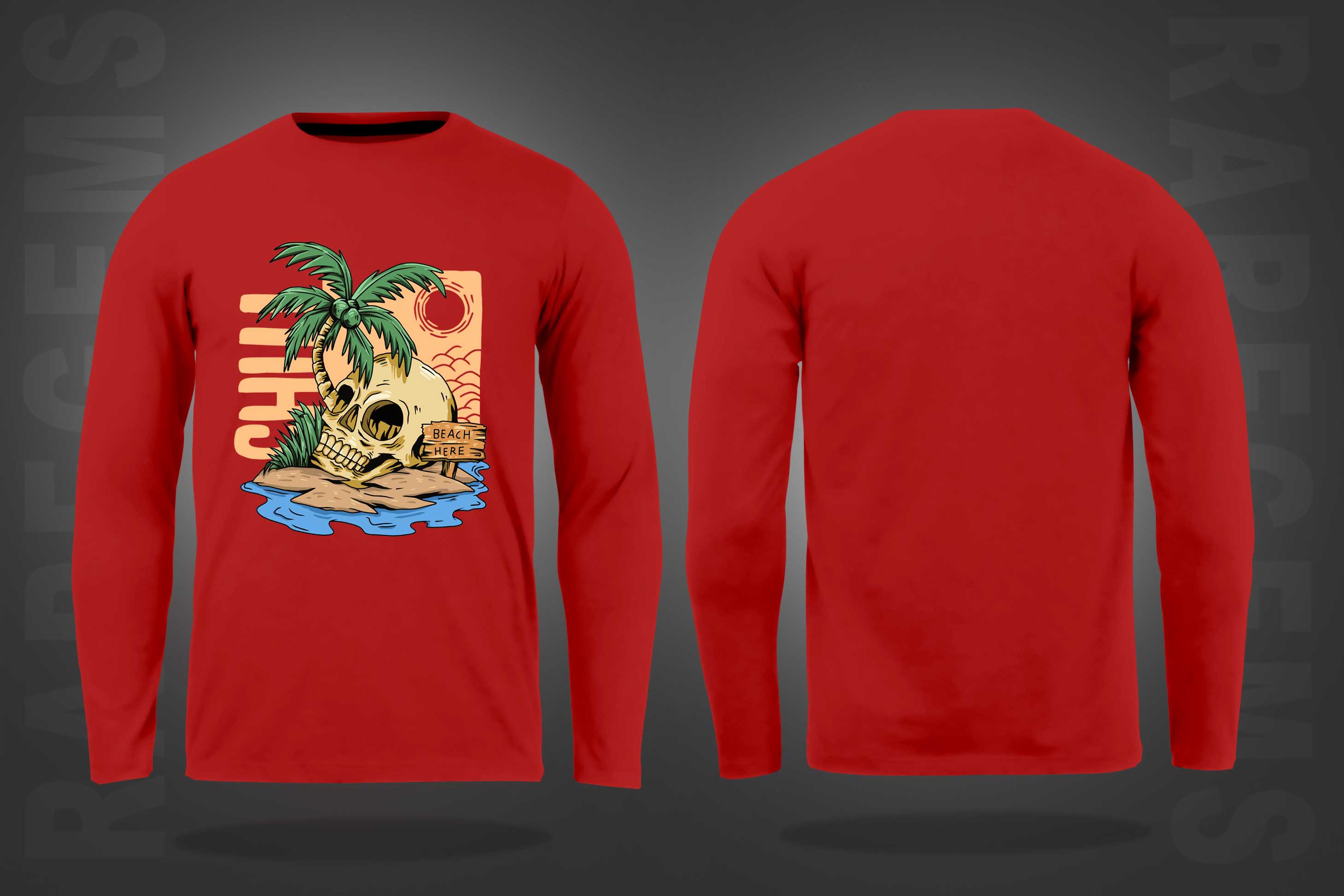 Red Round Neck Skull And Palm Tree Printed Full Sleeves T-Shirt