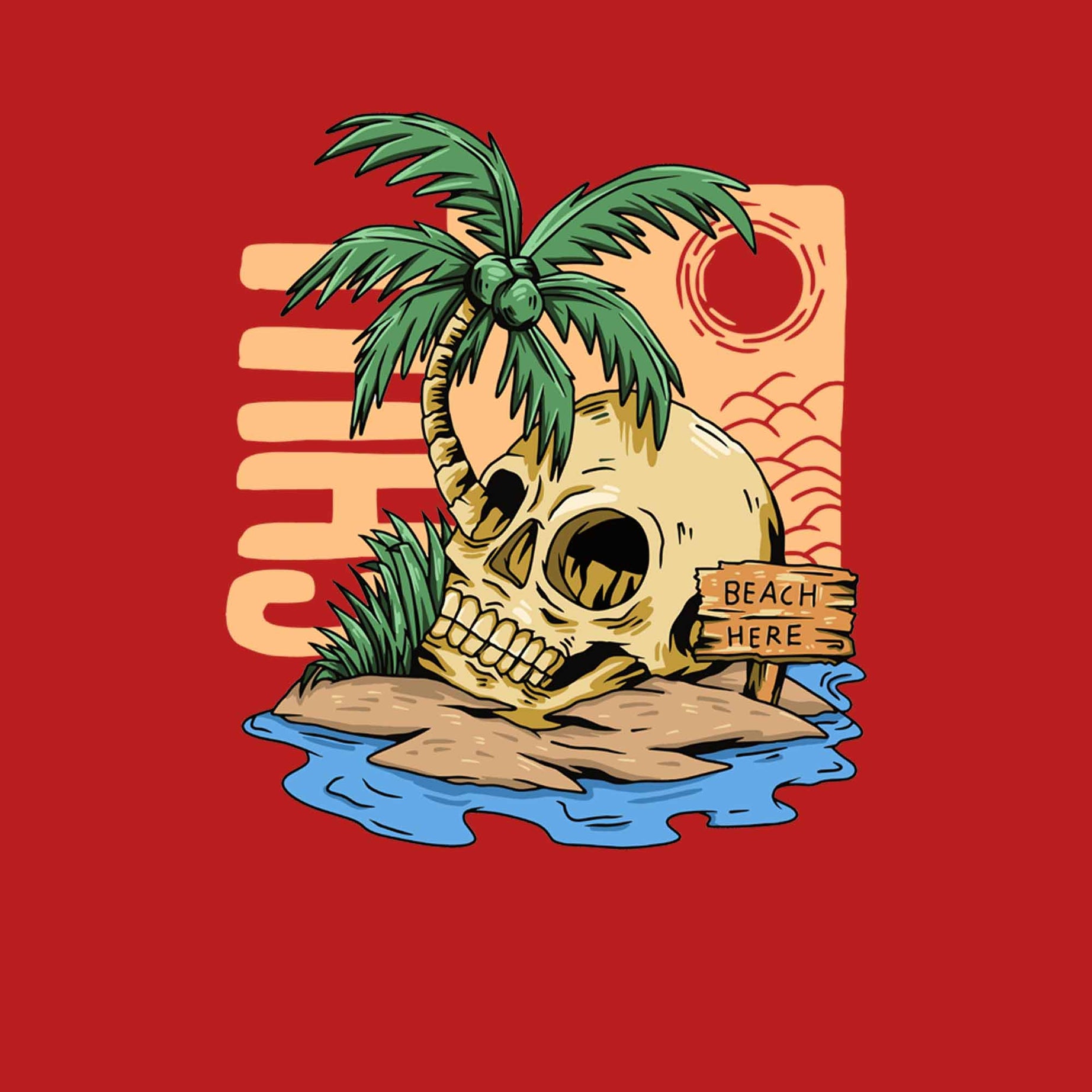 Red Half Sleeves Round Neck Skull And Palm Tree Printed Regular T-Shirt
