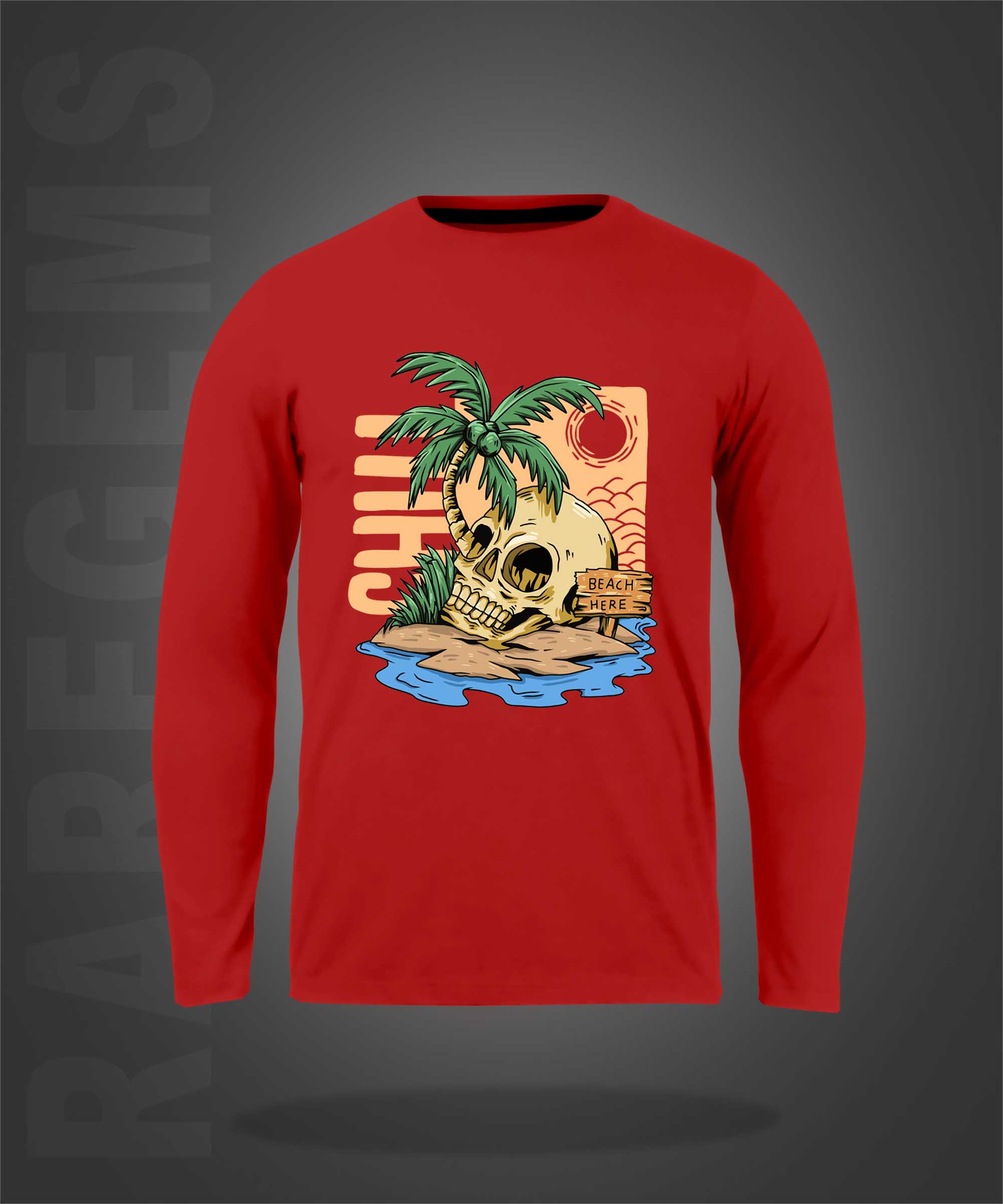 Red Round Neck Skull And Palm Tree Printed Full Sleeves T-Shirt