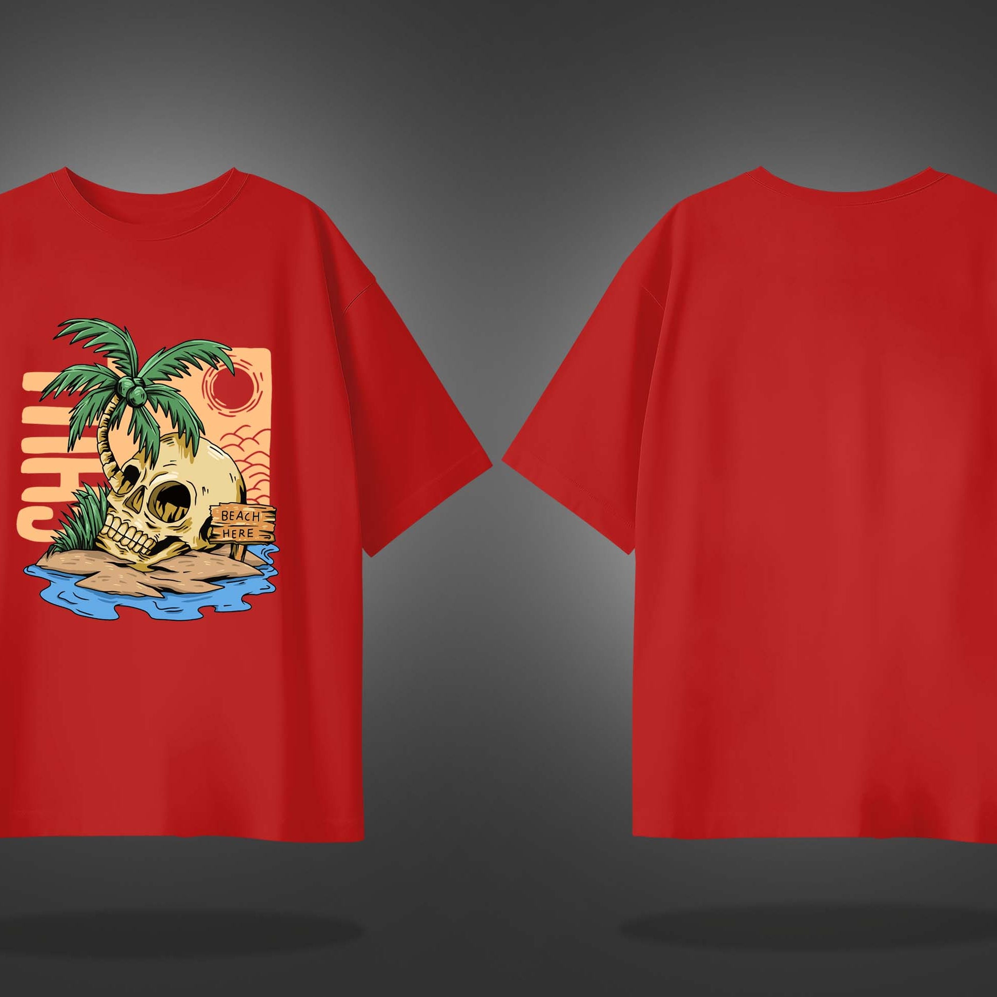 Red Half Sleeves Round Neck Skull And Palm Tree Printed Oversized T-Shirt