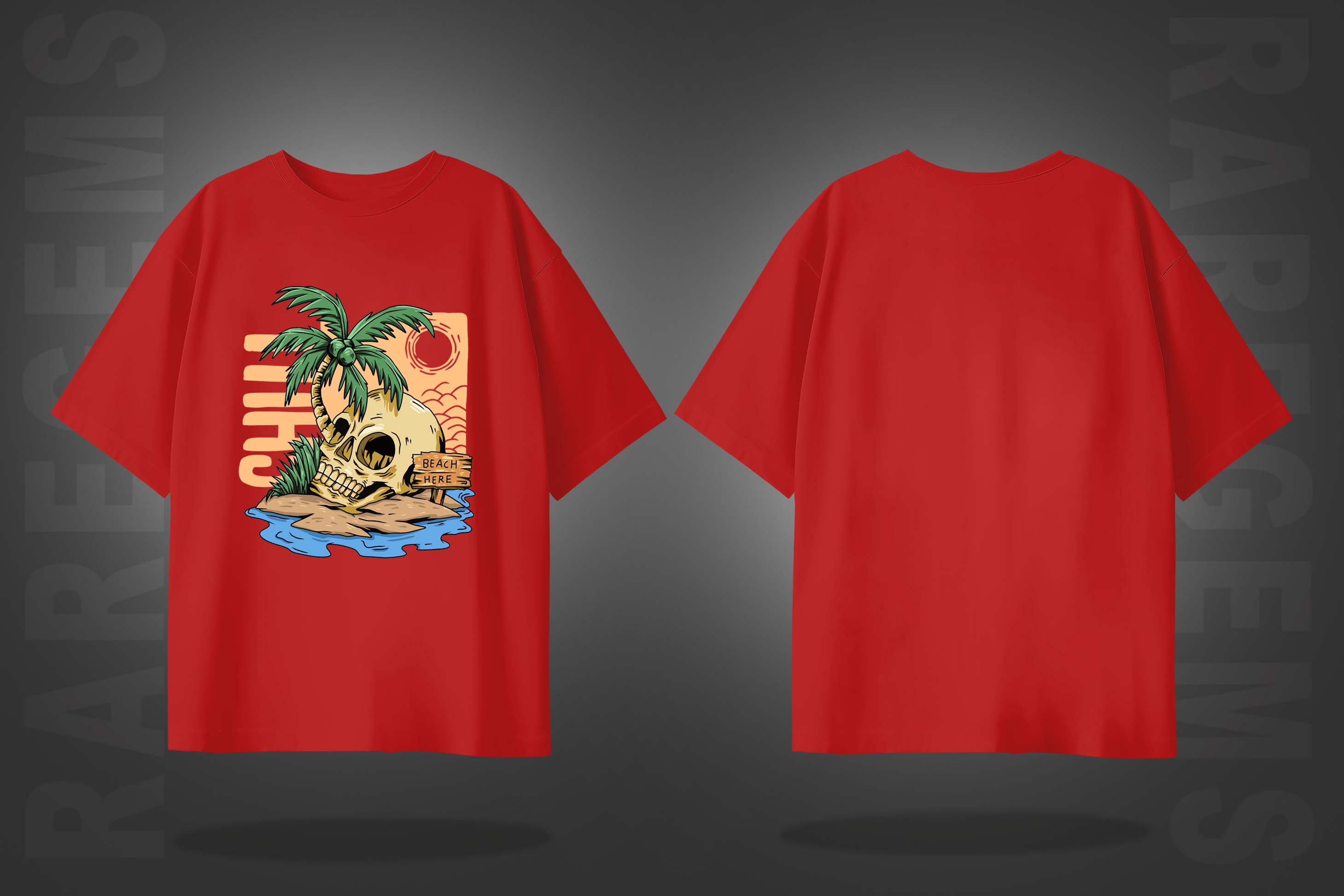 Red Half Sleeves Round Neck Skull And Palm Tree Printed Oversized T-Shirt