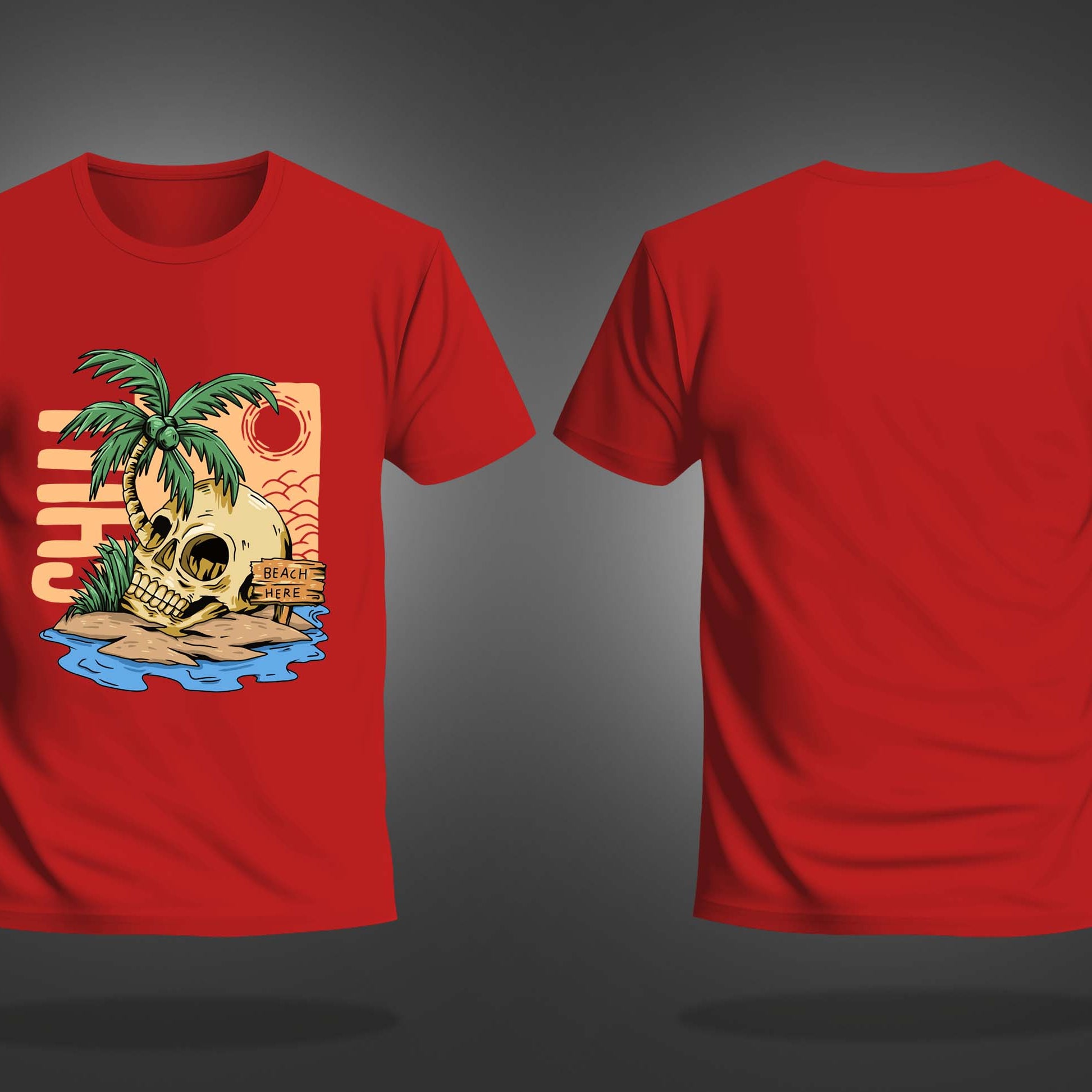 Red Half Sleeves Round Neck Skull And Palm Tree Printed Regular T-Shirt