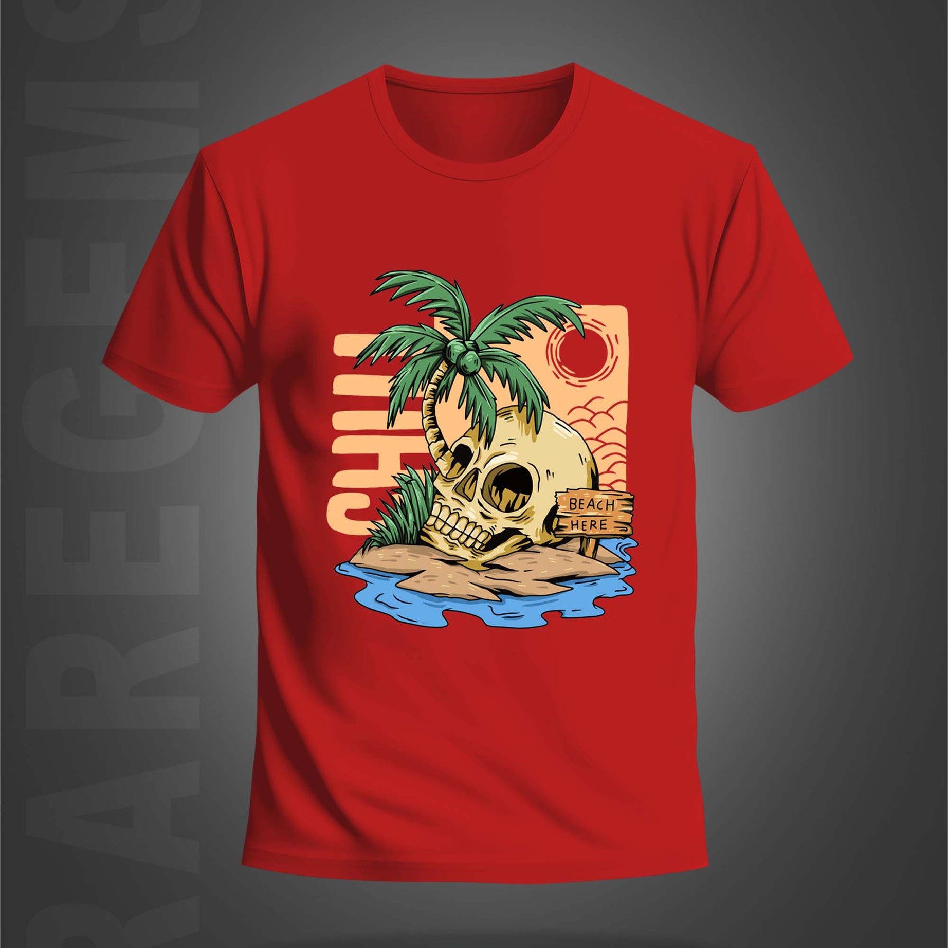 Red Half Sleeves Round Neck Skull And Palm Tree Printed Regular T-Shirt