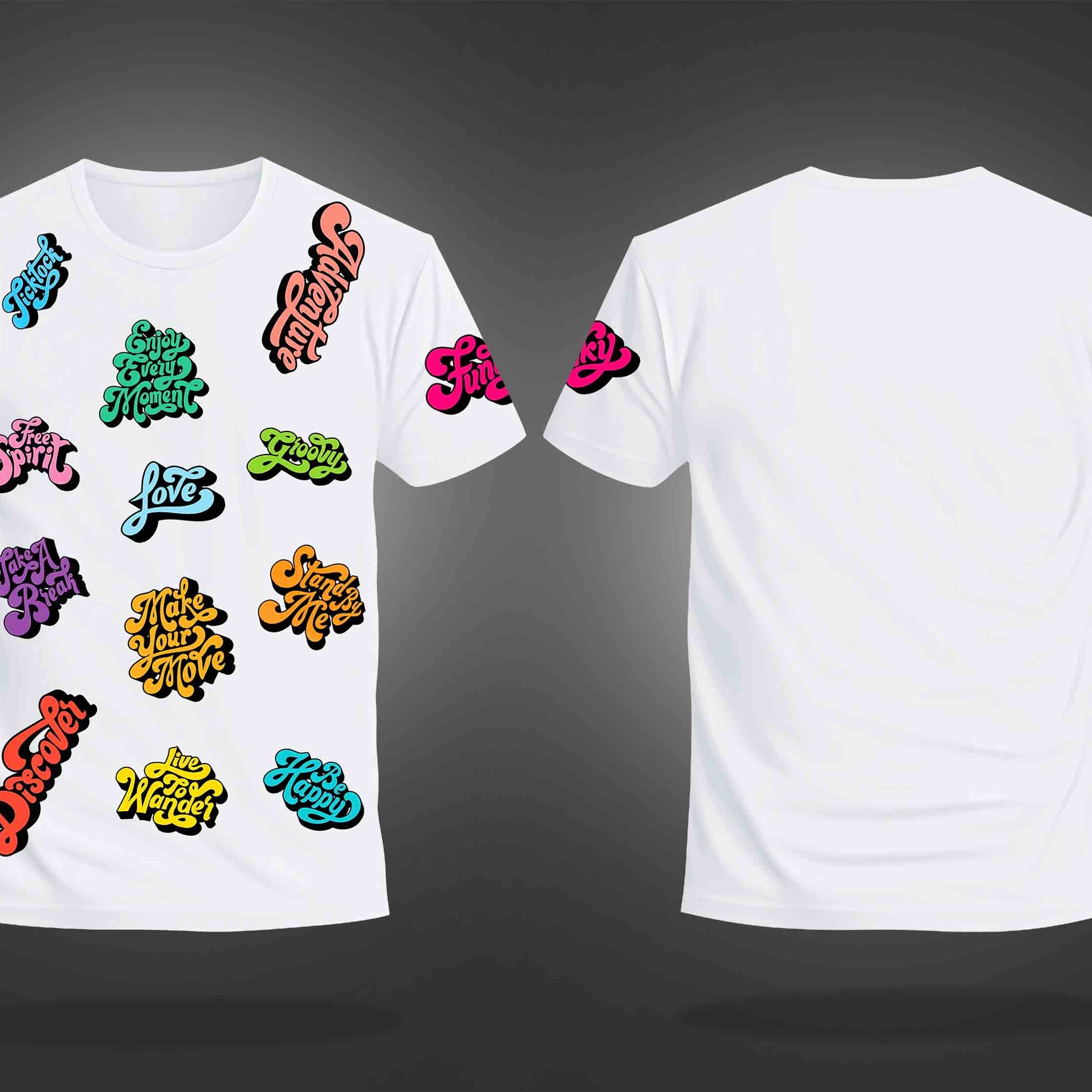 White Half Sleeve Round Neck Multicolor Short Quotes Printed Regular T-Shirt