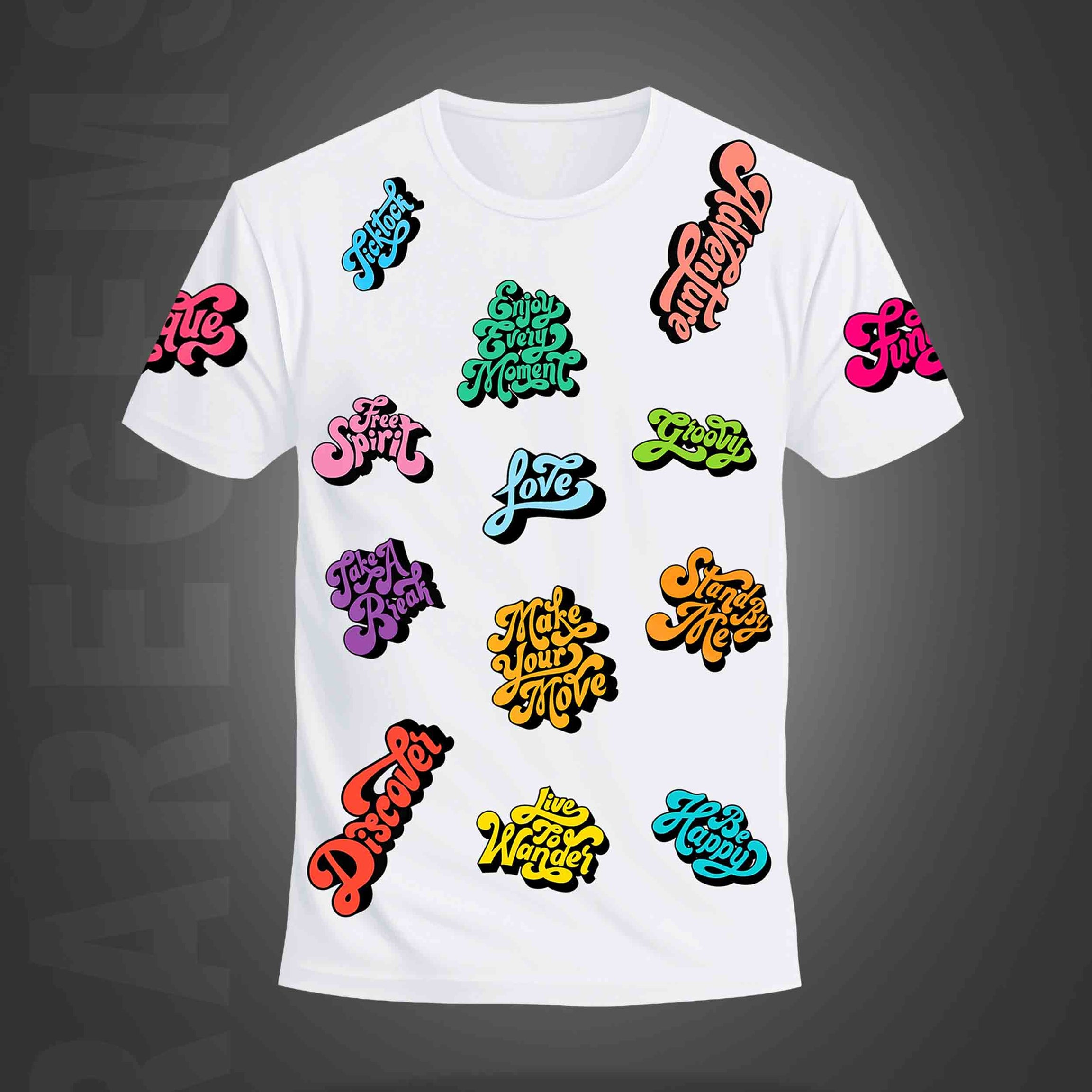 White Half Sleeve Round Neck Multicolor Short Quotes Printed Regular T-Shirt