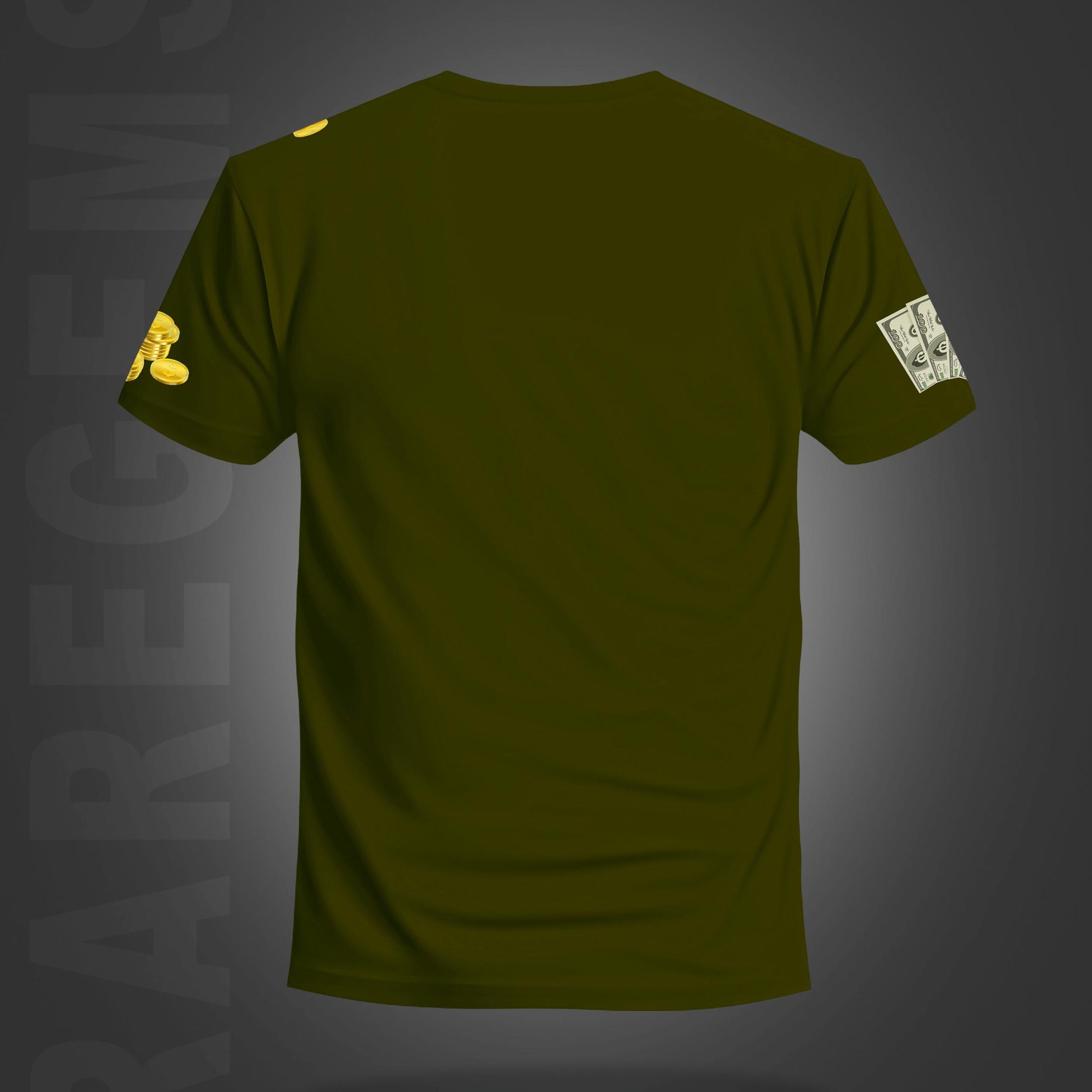 Olive Green Half Sleeve Round Neck Dollars And Gold Coins Printed Regular T-Shirt