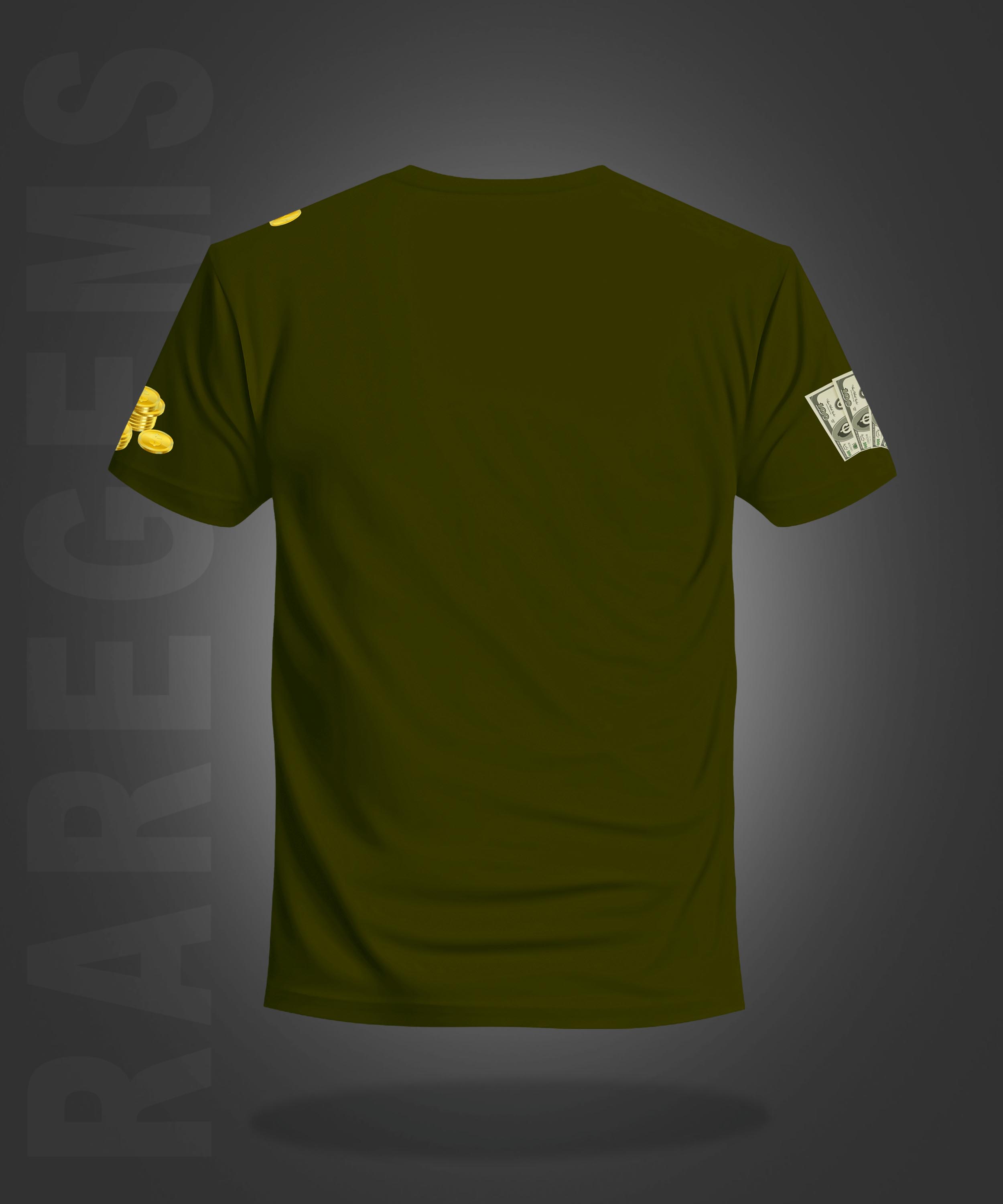 Olive Green Half Sleeve Round Neck Dollars And Gold Coins Printed Regular T-Shirt