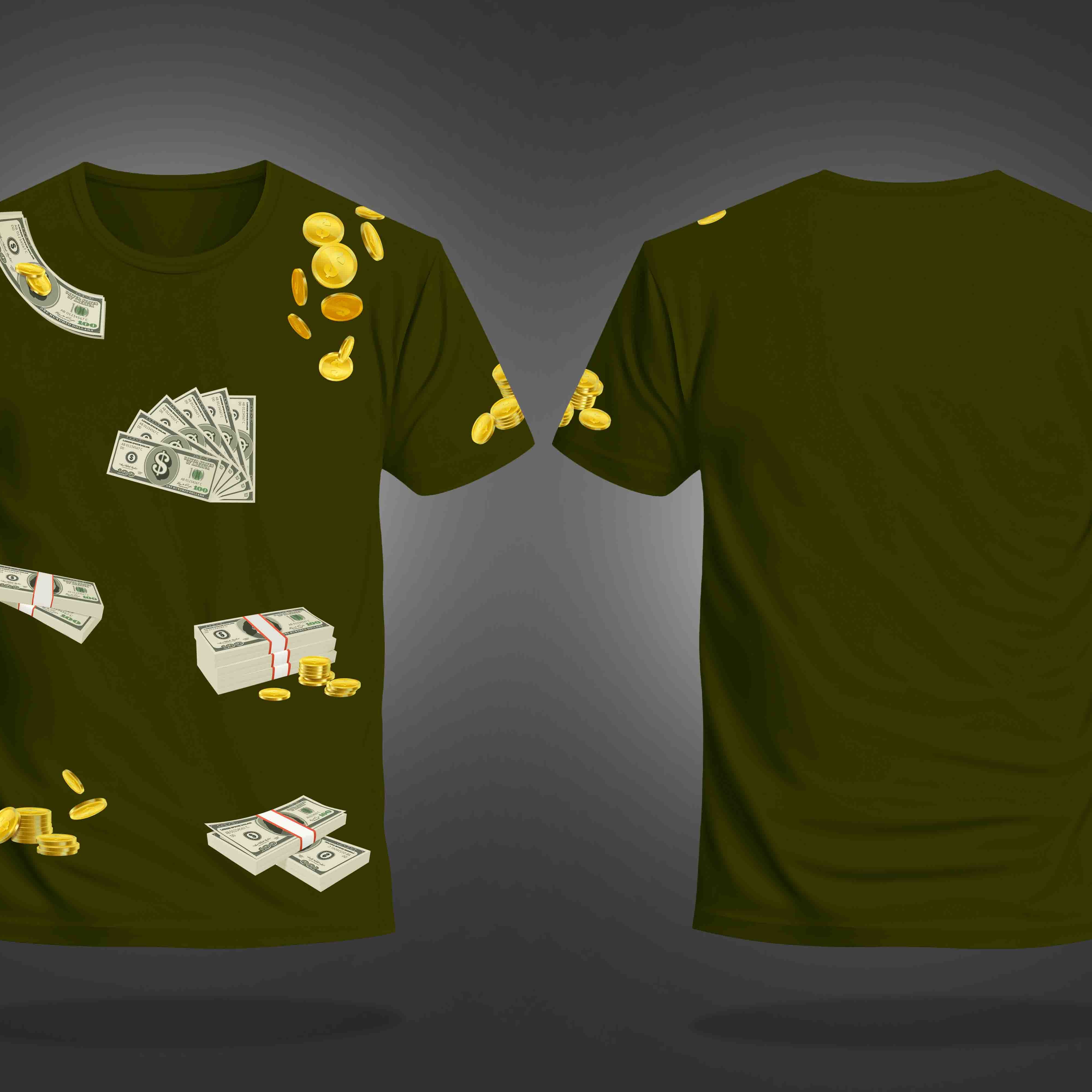 Olive Green Half Sleeve Round Neck Dollars And Gold Coins Printed Regular T-Shirt