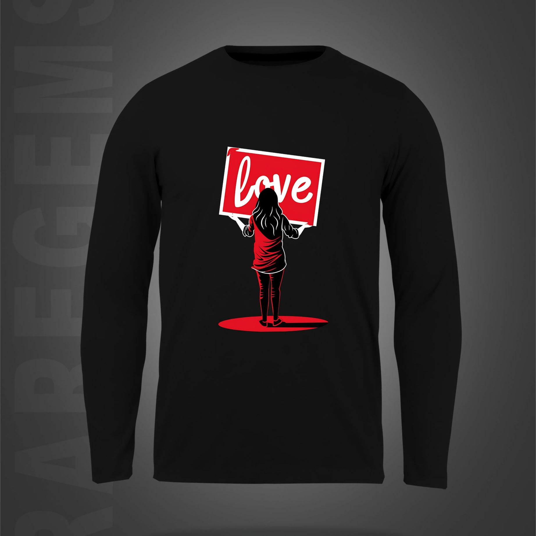 Black Round Neck Girl with Love Board Printed Full Sleeves T-Shirt