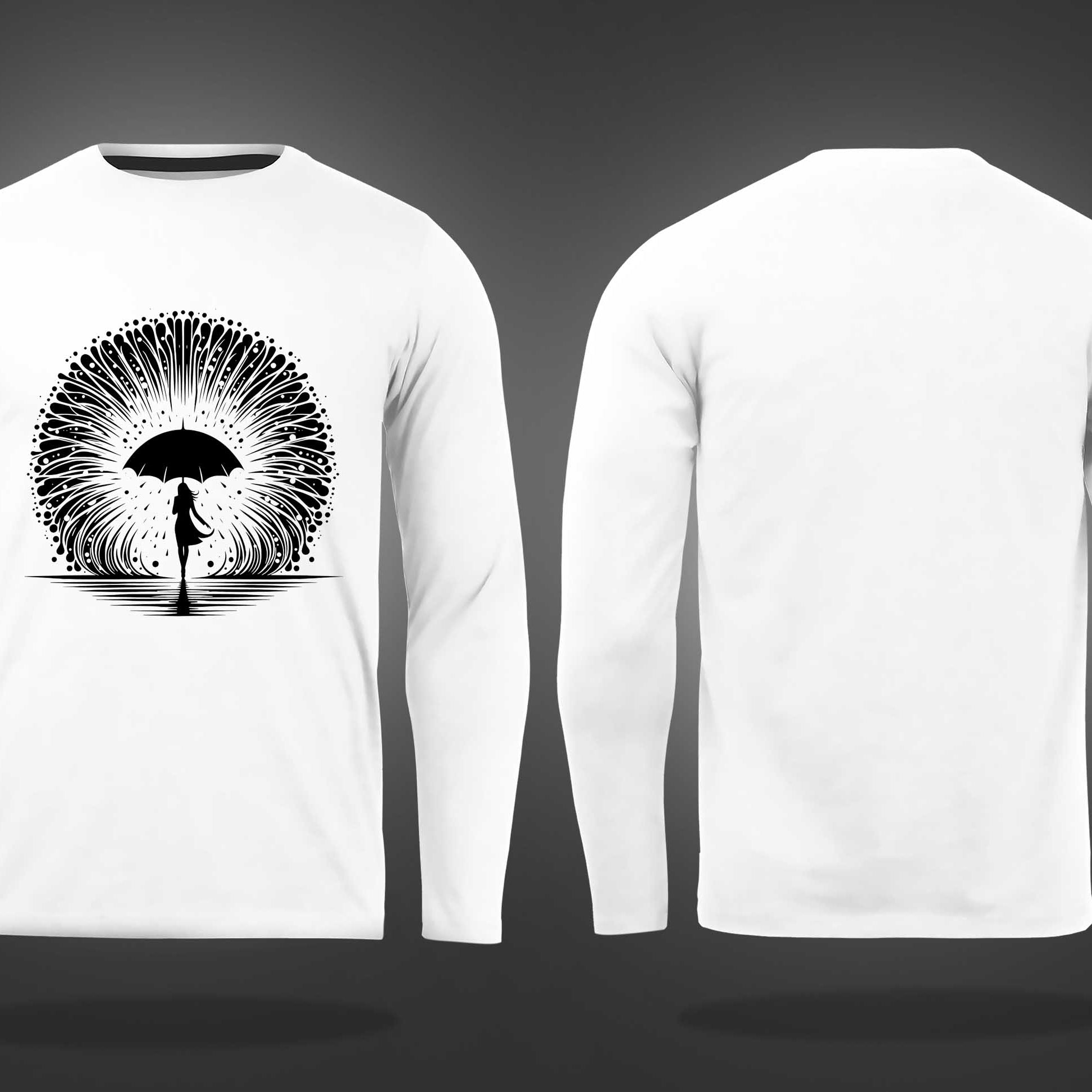 White Round Neck Girl Holding An Umbrella Printed Full Sleeves T-Shirt