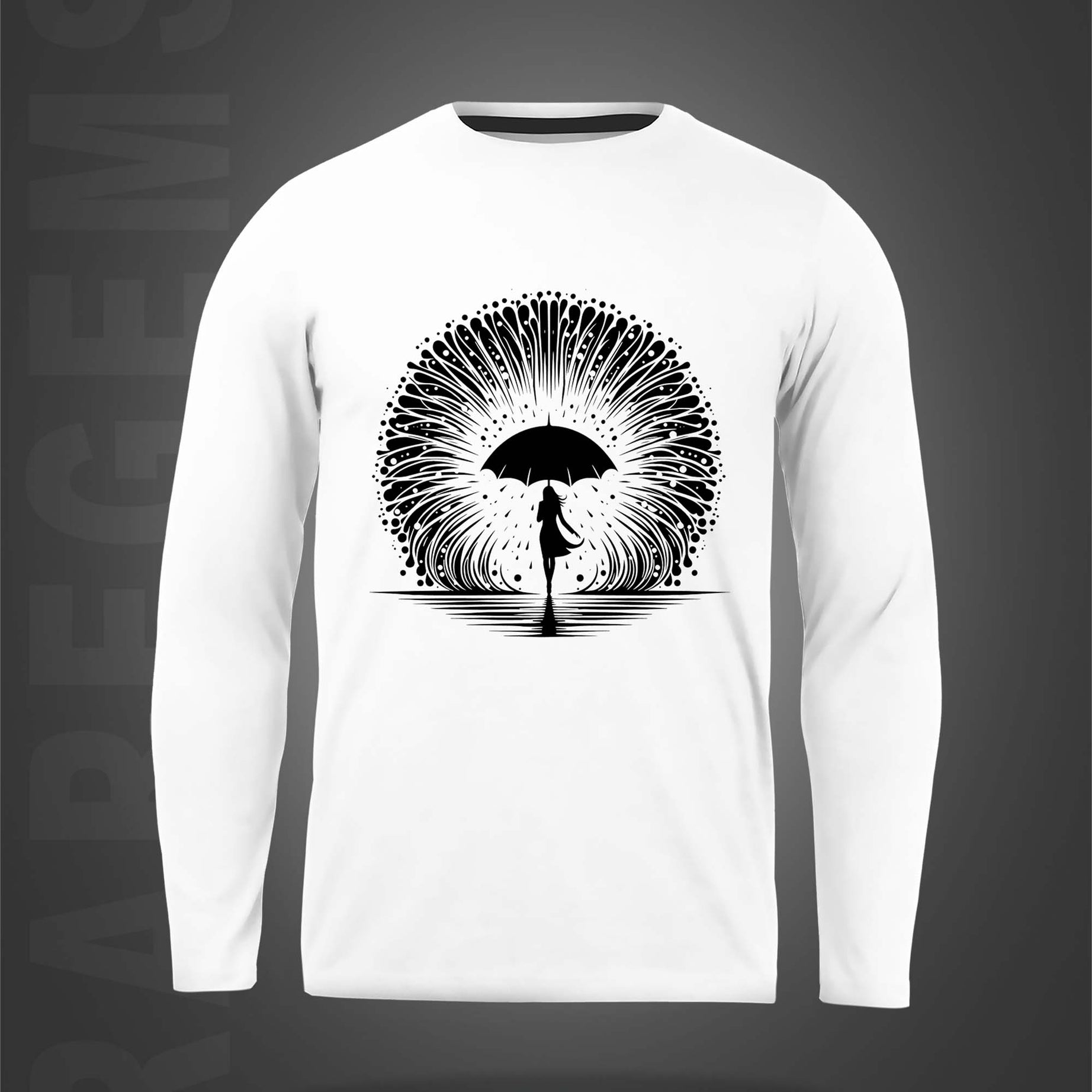 White Round Neck Girl Holding An Umbrella Printed Full Sleeves T-Shirt