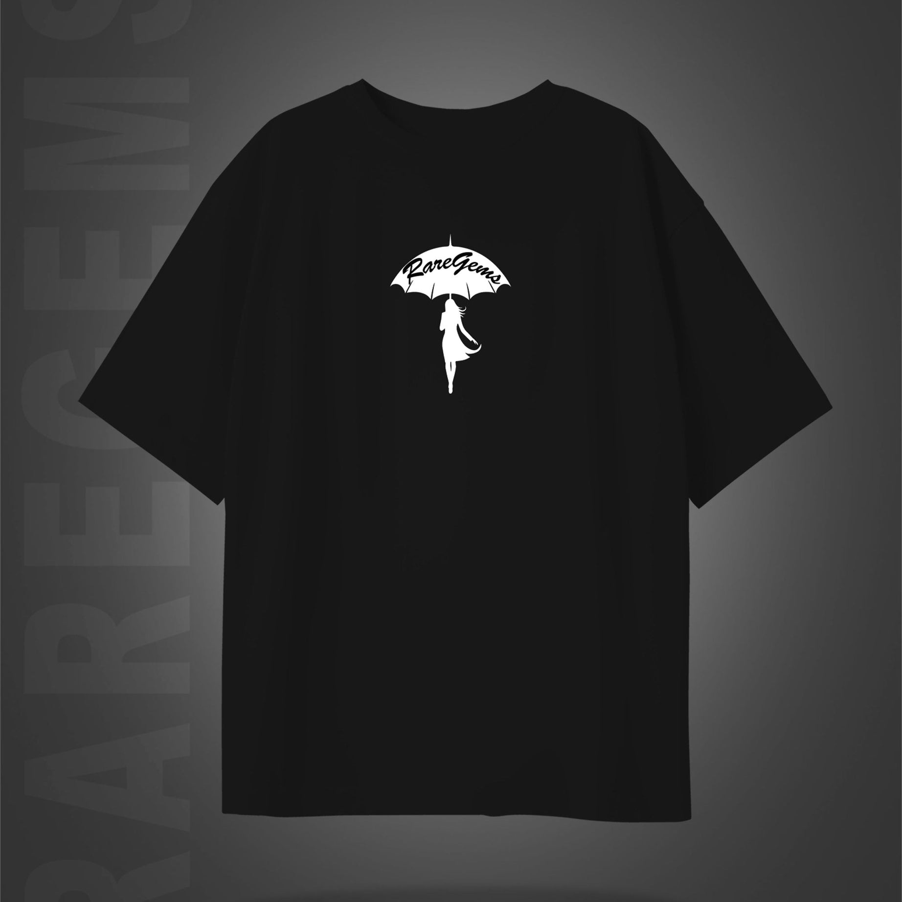 Black Half Sleeves Round Neck Girl Holding An Umbrella Printed Oversized T-Shirt