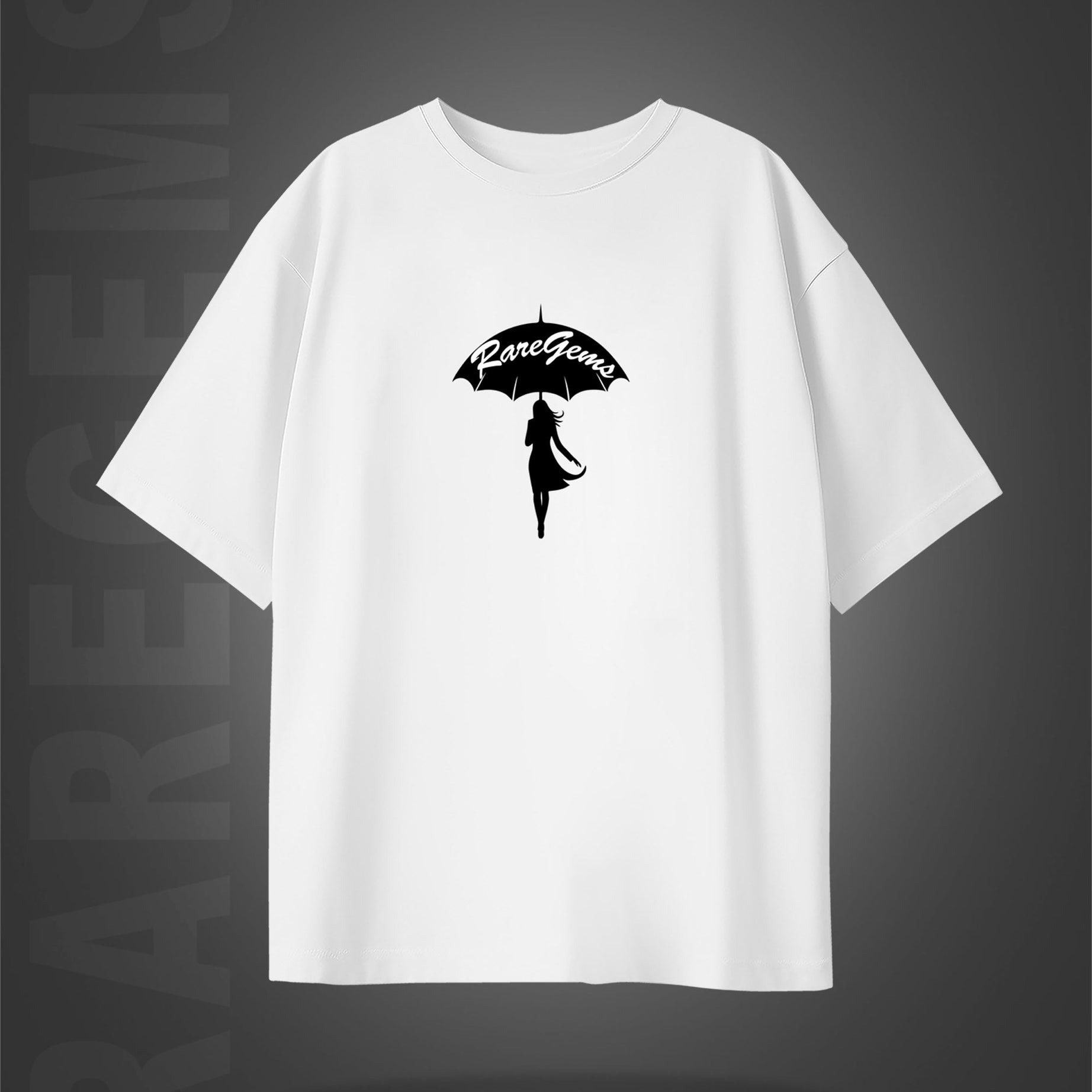 White Half Sleeves Round Neck Girl Holding An Umbrella Printed Oversized T-Shirt