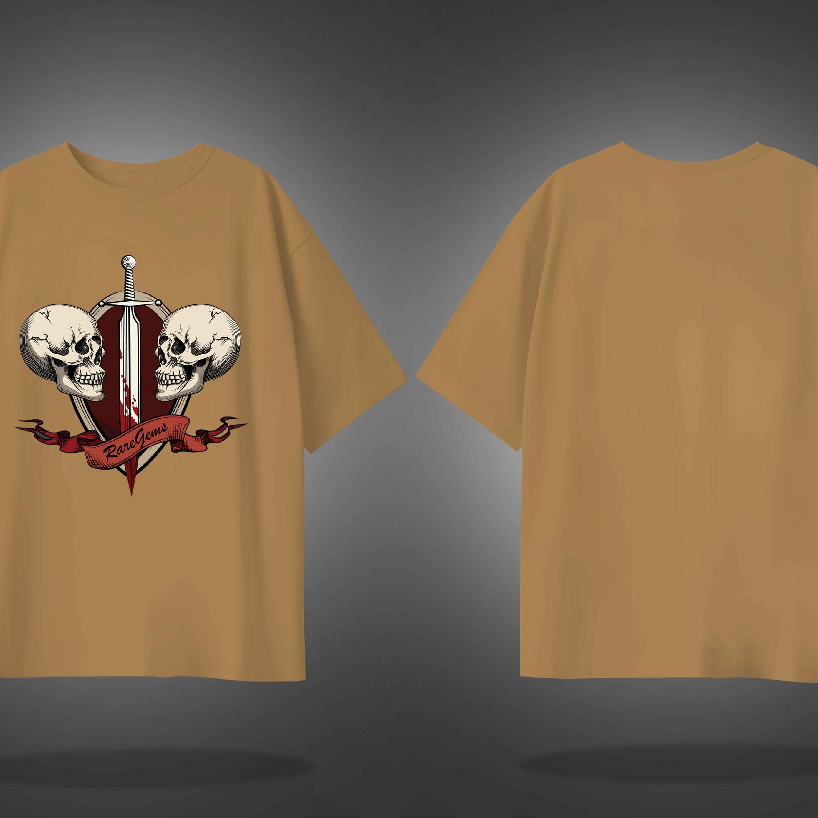Beige Half Sleeve Two Skulls With Sword Printed Oversized T-Shirt
