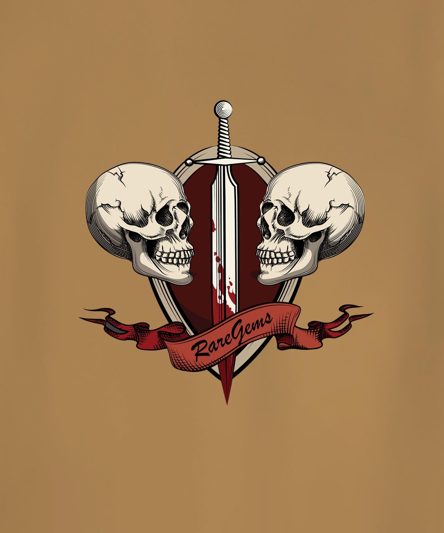 Beige Half Sleeve Two Skulls With Sword Printed Oversized T-Shirt