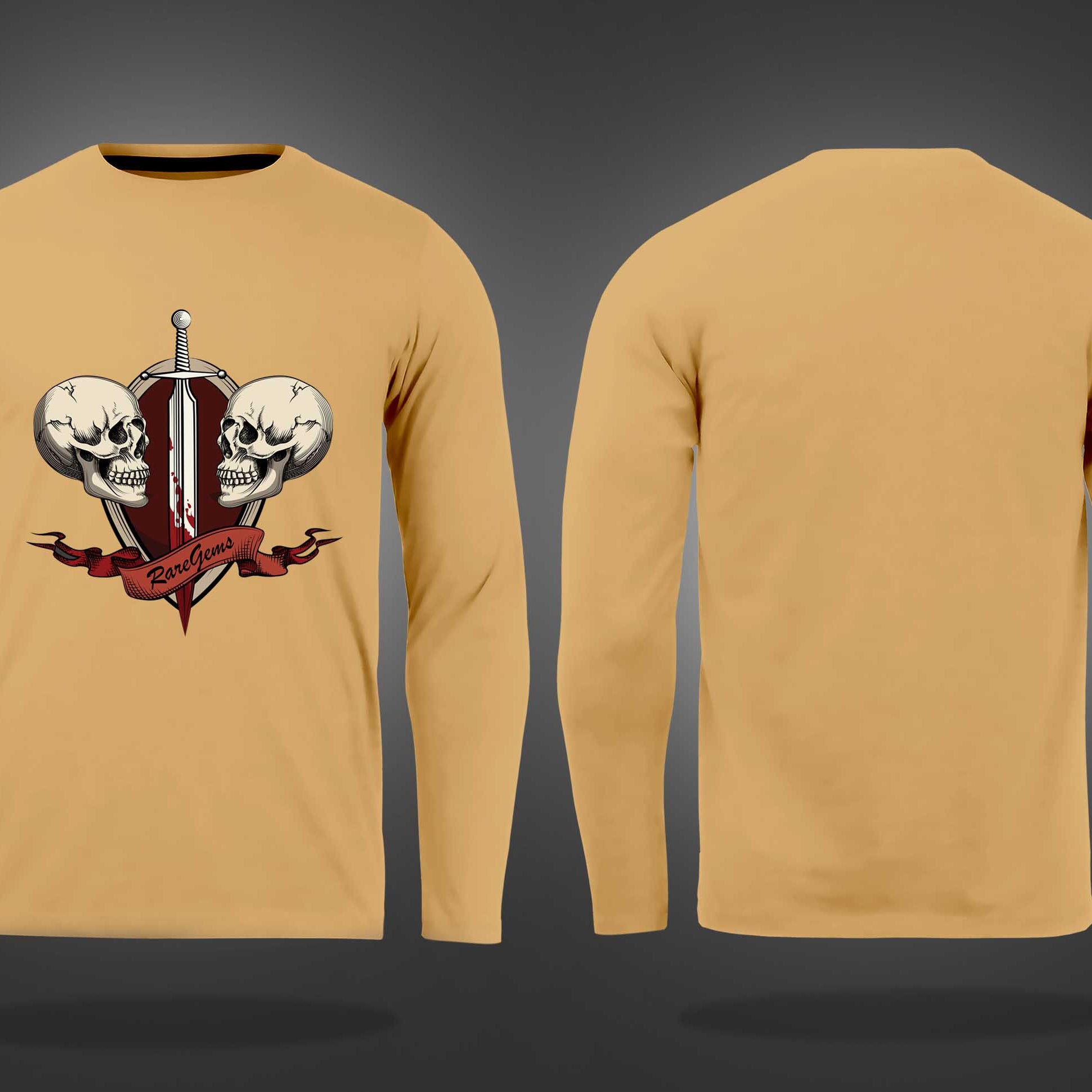 Beige Round Neck Two Skulls With Sword Printed Full Sleeves T-Shirt